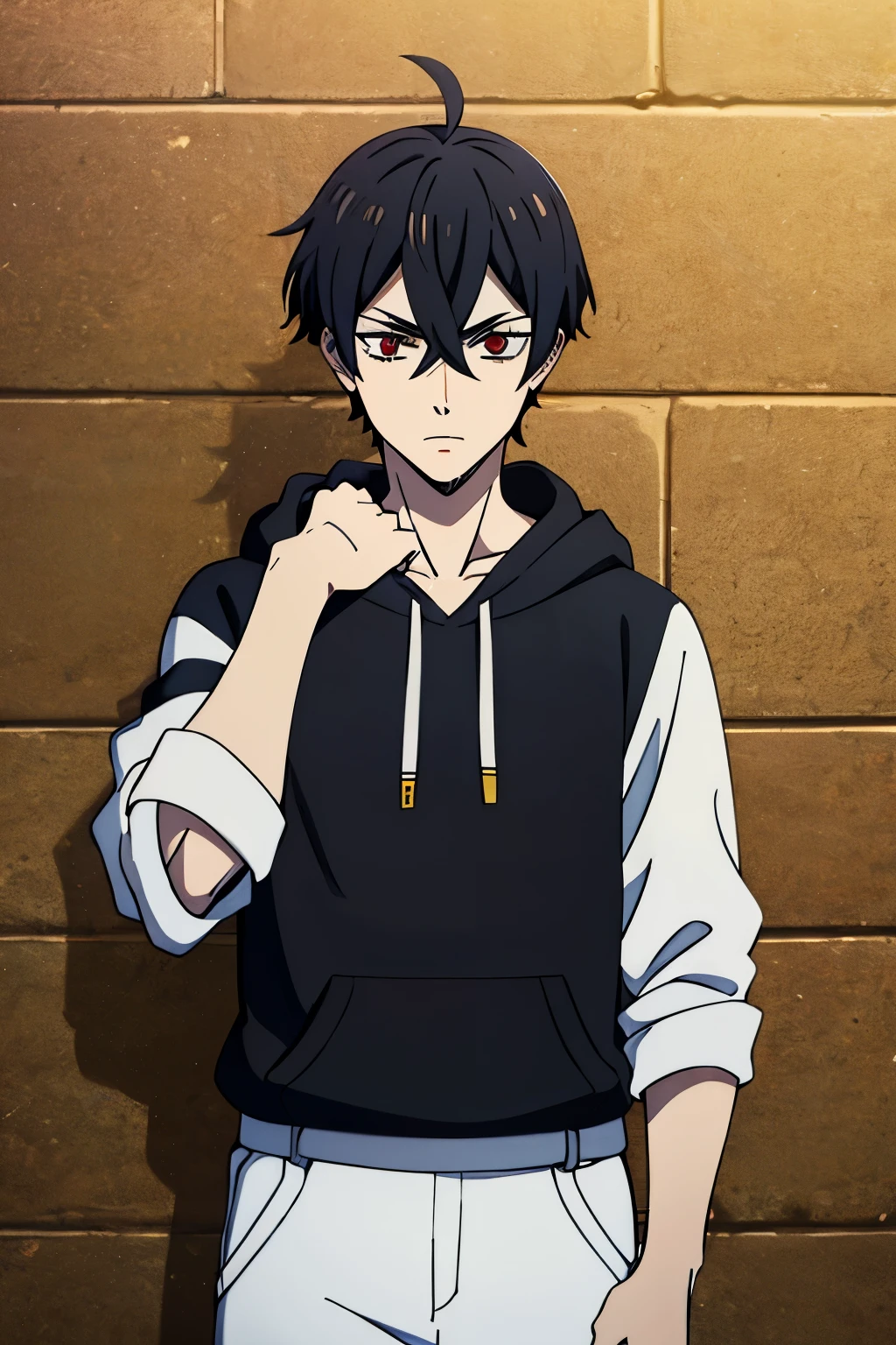 1boy, black hair, red eyes, ahoge, cowlick, hort haircut, messy bangs, black hoodie, skinny, pale skin, long eyelashes