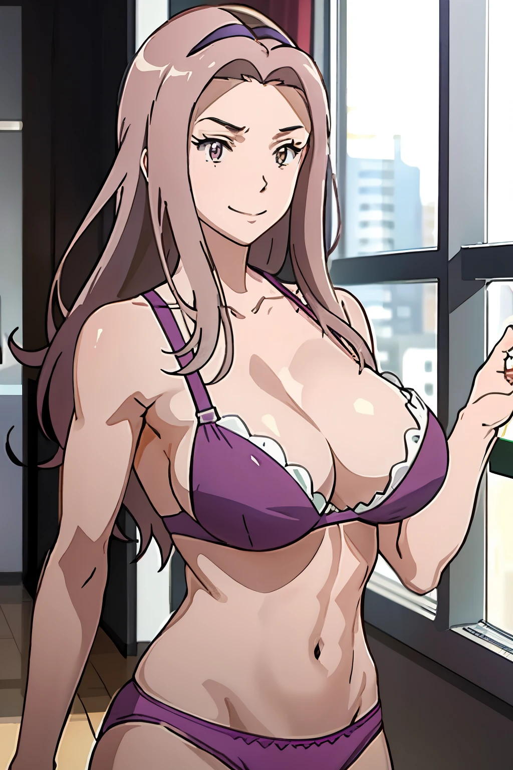 Big breasted anime woman showing off her cleavage and nipples, Seductive Anime Women, (SFW) safe for work, solo, Woman with long purple hair, Brown-eyed woman, Teasing smile, oppai, garments:bra very, With very large breasts, 紫のbra veryを着た女性, woman wearing purple panties, Charming anime women, Muscular woman, feminine and muscular, bra veryの着用, wearing panties, Only underwear, tall, appeal, sie boob, had very large breasts, Big breasts!, Ecchi anime style, [ 4 k digital art ]!!