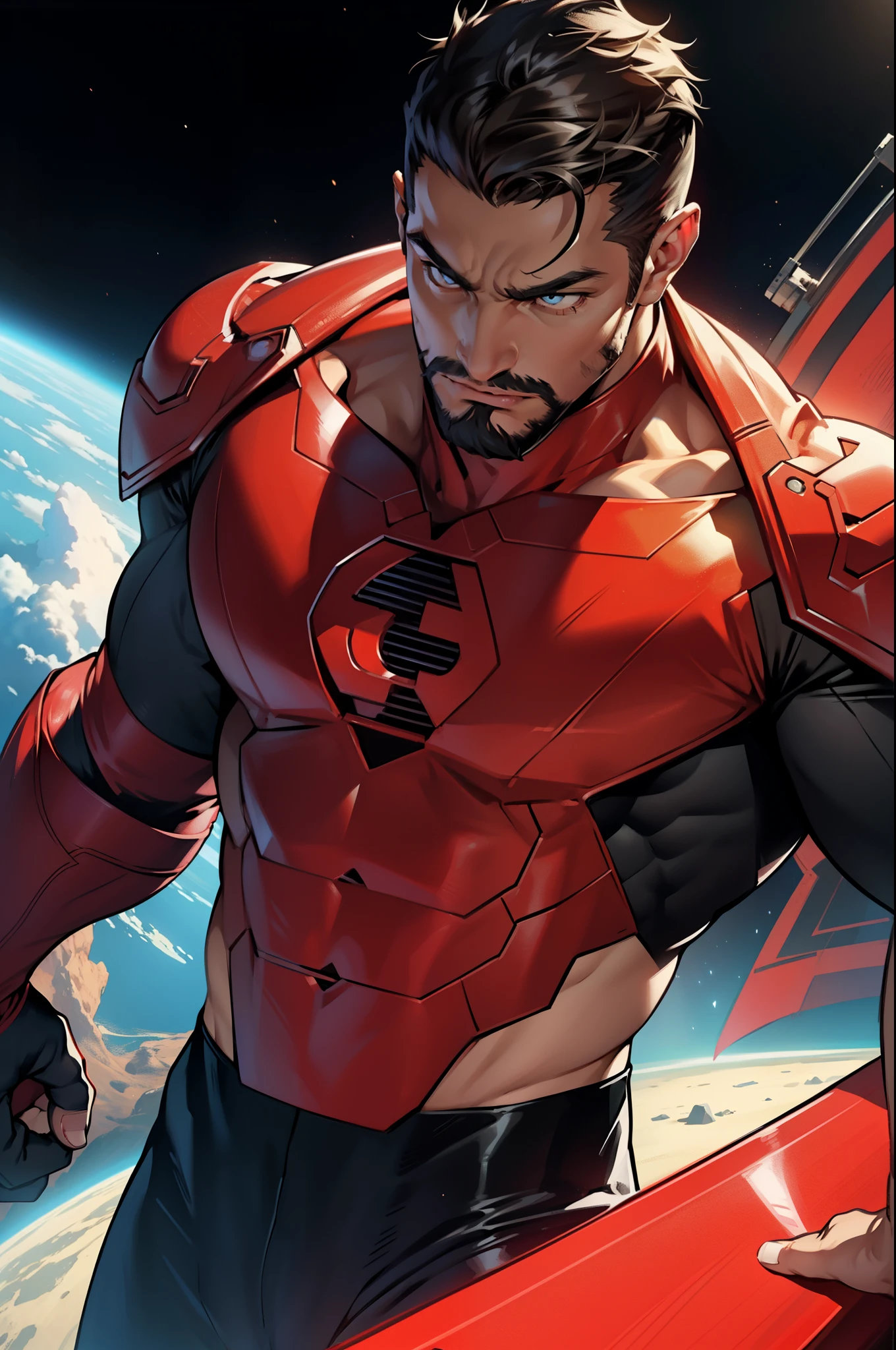 An award-winning original photo，A wild muscular man, (30 years old man:1.3), 1boy, Solo, (wearing a (red lantern) metal suit), (red ring on a finger), spikes, neon stripes, black hair, (big shoulder), muscular, hunk, stubbles, Short beard, (Detailed face:1.3), (beautiful eyes:1.2), really angry, Dynamic Angle, volumetric lighting, (Best quality, A high resolution, Photorealistic), Cinematic lighting, Masterpiece, RAW photo, Intricate details, hdr, depth of field, upper body shot, in space background