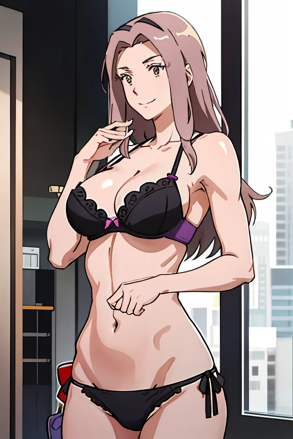 Big breasted anime woman showing off her cleavage and nipples, Seductive Anime Women, (SFW) safe for work, solo, Woman with long purple hair, Brown-eyed woman, Teasing smile, oppai, garments:bra very, With very large breasts, 黒のbra veryを着た女性, woman wearing black panties, Charming anime women, Muscular woman, feminine and muscular, bra veryの着用, wearing panties, Only underwear, tall, appeal, sie boob, had very large breasts, Big breasts!, Ecchi anime style, [ 4 k digital art ]!!