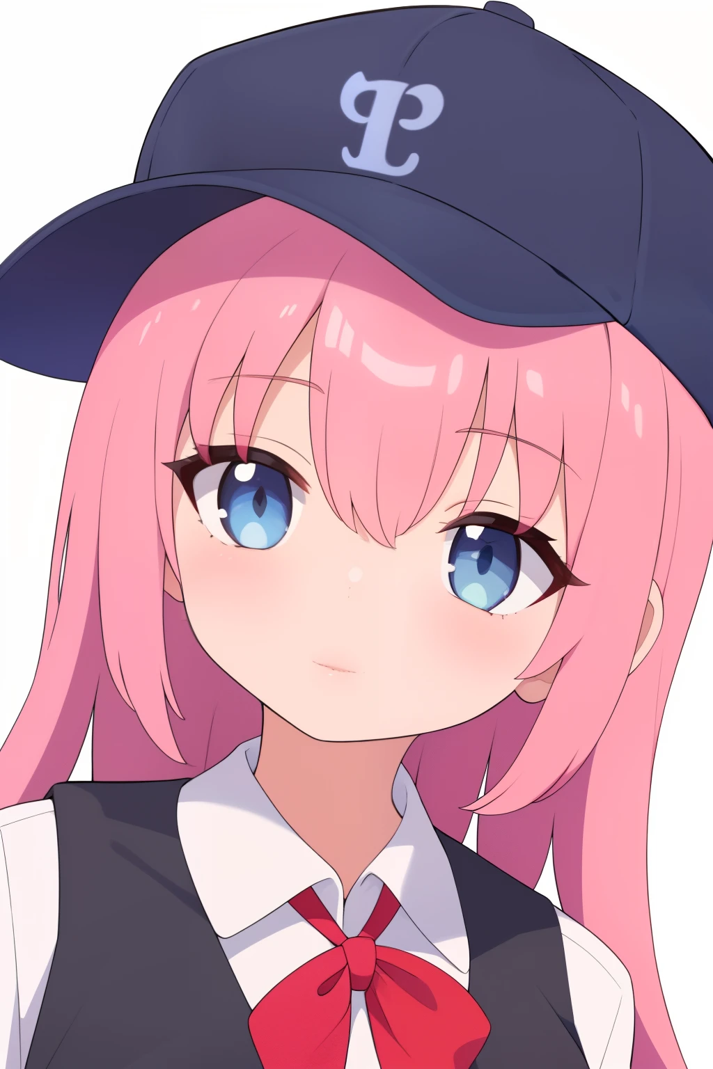 (masterpiece, best quality:1.2), close-up image of a person with long pink hair, blue eyes, wearing a black baseball cap backwards, wearing a white long and black vest, short gray school skirt, ultra detailed, best quality, expressive eyes, perfect face, ultra hight quality, ultra detail,