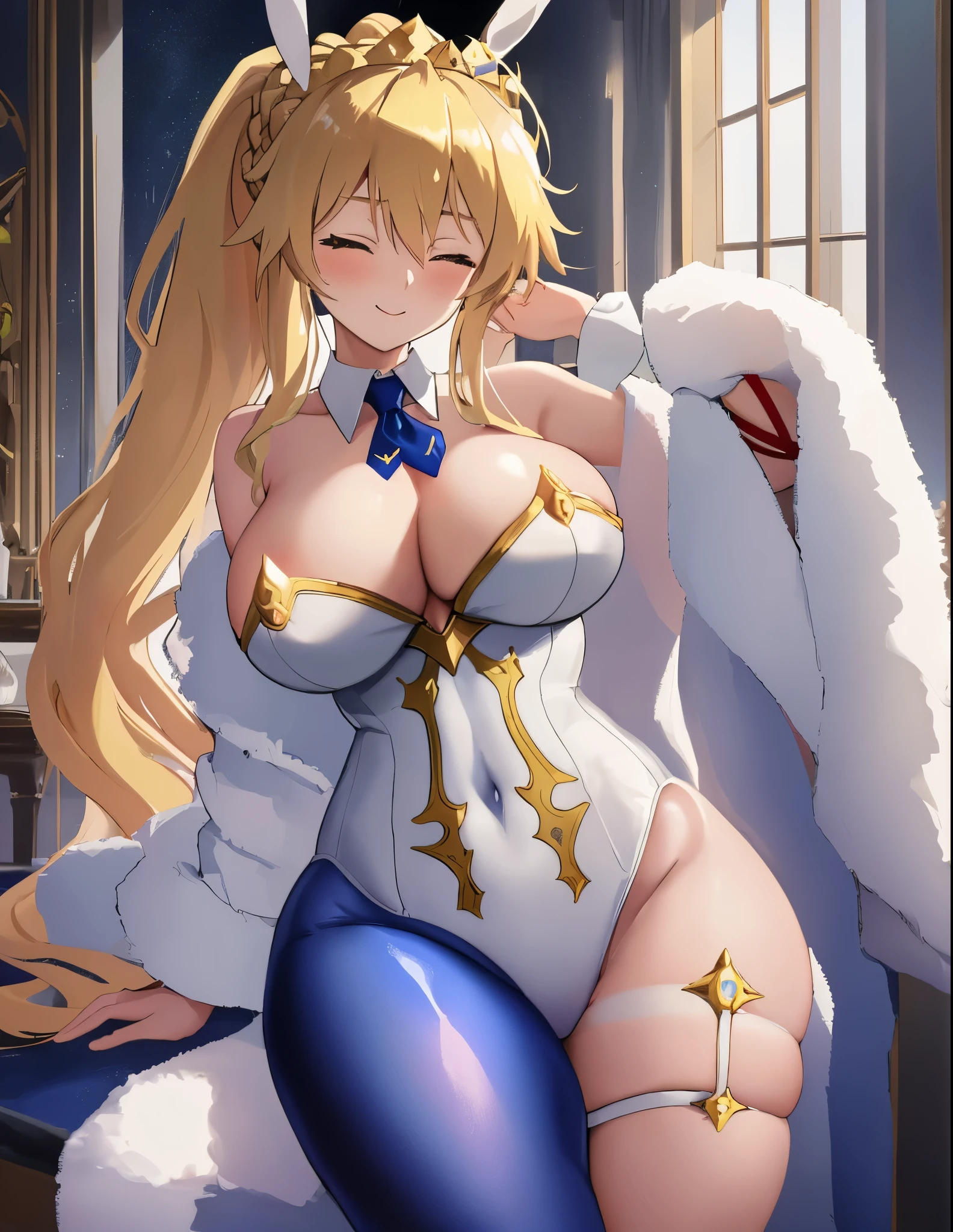 masterpiece, best quality, absurdres, soft lighting, looking at viewer, solo, light_smile, wink, one eye closed,
1girl, ahoge, rabbit ears, playboy bunny, artoria pendragon \(swimsuit ruler\) \(fate\), large breasts , blonde hair, green eyes, french braid, pony tail
bare shoulders, large breasts , cleavage,
clothing cut out, wrist cuffs, detached collar, navel cutout, feather boa,
white leotard, blue necktie, blue pantyhose, single thigh strap, hands behind head,
cowboy shot,
white background,