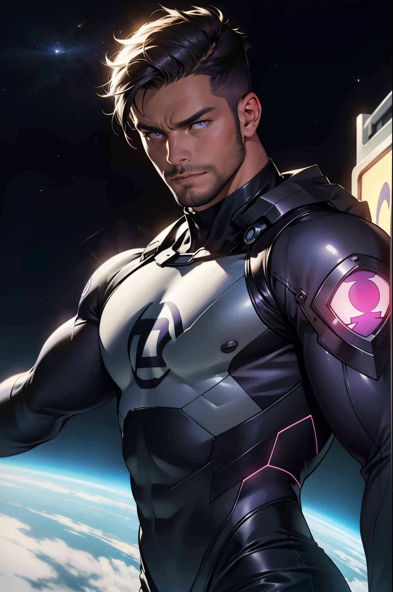 An award-winning original photo，A wild muscular man, (30 years old man:1.3), 1boy, Solo, (wearing a (purple lantern) metal suit), (purple ring on a finger), spikes, neon stripes, black hair, (big shoulder), muscular, hunk, stubbles, Short beard, (Detailed face:1.3), (beautiful eyes:1.2), really angry, Dynamic Angle, volumetric lighting, (Best quality, A high resolution, Photorealistic), Cinematic lighting, Masterpiece, RAW photo, Intricate details, hdr, depth of field, upper body shot, in space background