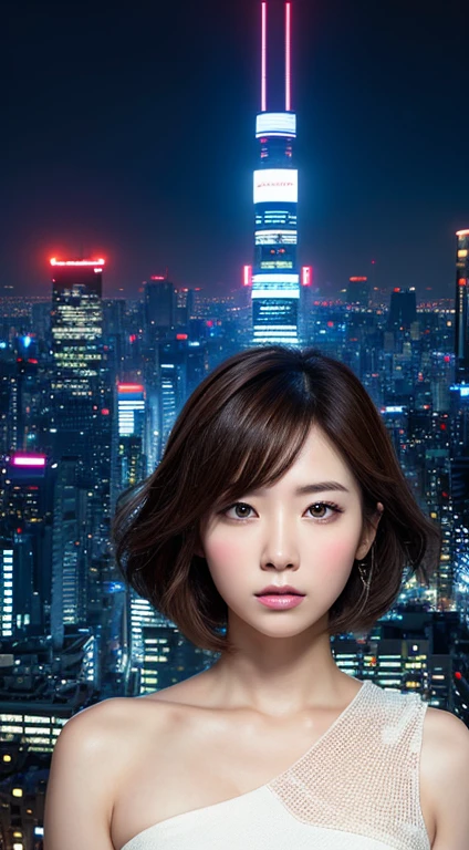 Neon japan city, adult female exploring a bustling cityscape, ,32k, best quality, masterpiece, extreme detail,extreme details xing, A digital art inspired by Ryoji Ikeda. symmetrical portrait with analog glitch effect
, white dress , brown hair ,