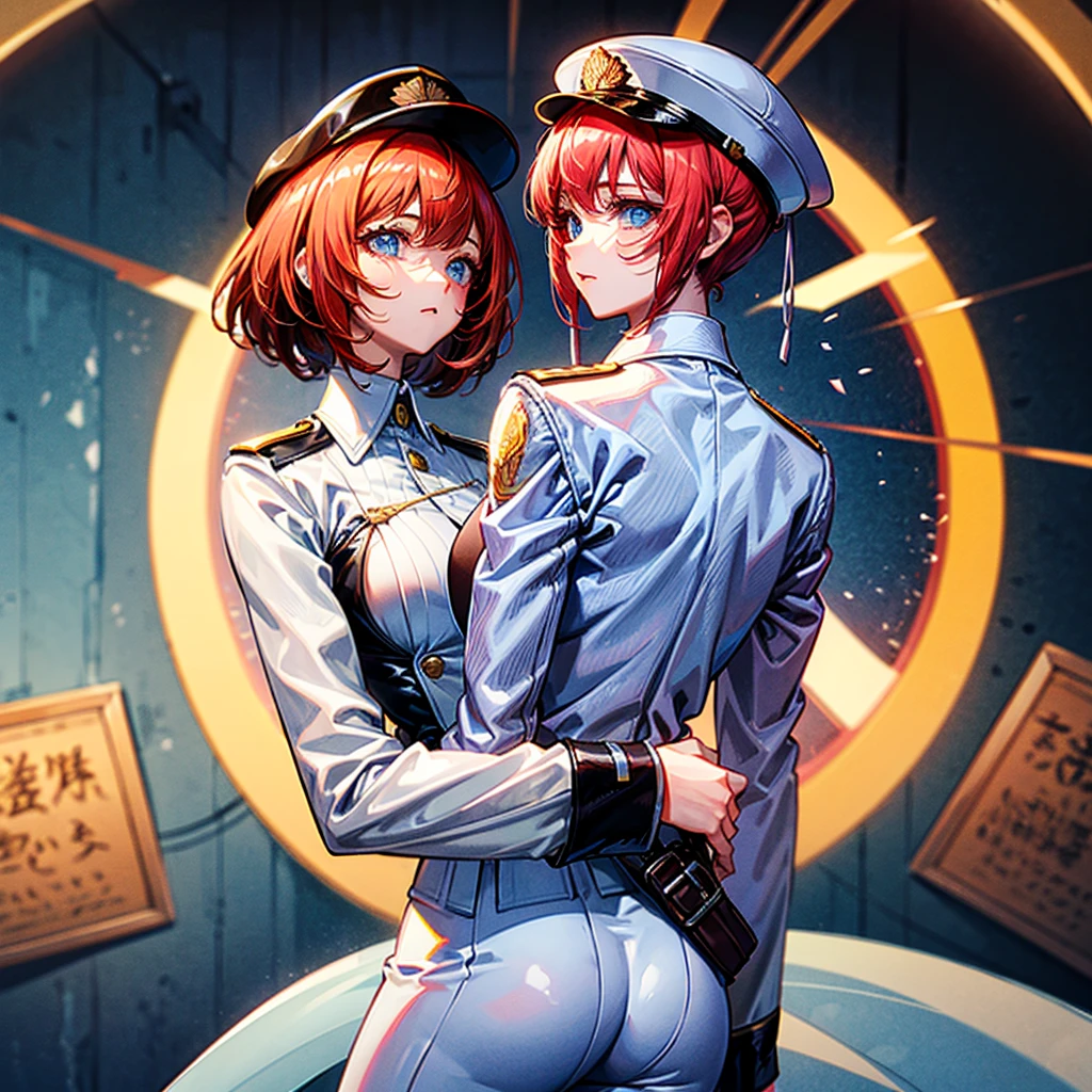 （（（​masterpiece）））、（（（Top image quality）））、（（（top-quality）））、（（（highly detailed unity 8ｋwall-paper）））、（Illustration of one woman）、30-years old、（Viceroy）、（（Red-haired shorthair））、（Thin hair hanging down both sides of the face）、Blue eyes、（（Tall））、（（Muscle Woman、stocky build、muscular legs、broad shoulders、solid chest））、（（Military uniforms））、（（Military Cap））、（（Military coat））、（white  clothes）、（White pants）、（White cap）、trench coat、（（Inside the spaceship））