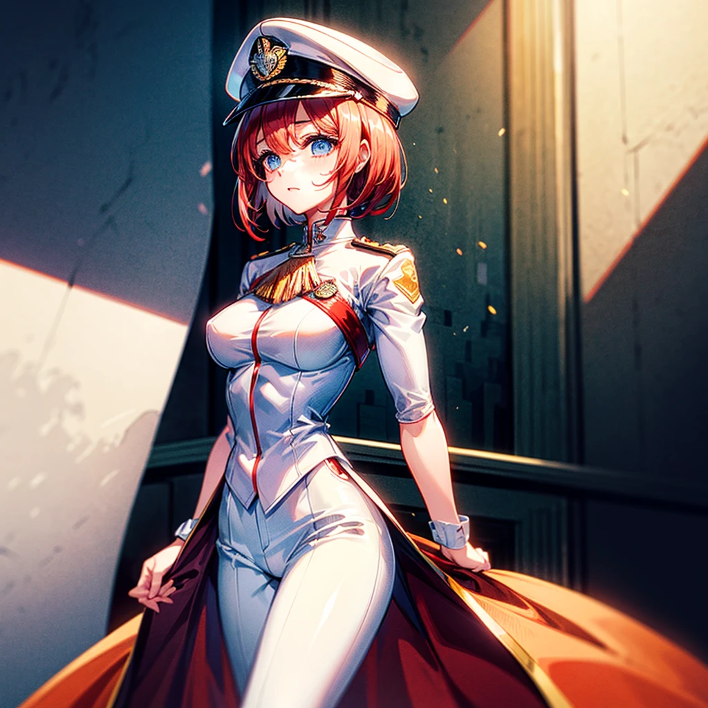 (((masterpiece)))、(((Top image quality)))、(((top-quality)))、(((highly detailed unity 8kwall-paper)))、(Illustration of one woman)、30-years old、(Viceroy)、((Red-haired shorthair))、(Thin hair hanging down both sides of the face)、Blue eyes、((Tall))、((Muscle Woman、stocky build、muscular legs、broad shoulders、solid chest))、((Military uniforms))、((Military Cap))、((Military coat))、(white clothes)、(White pants)、(White cap)、trench coat、((Inside the spaceship))
