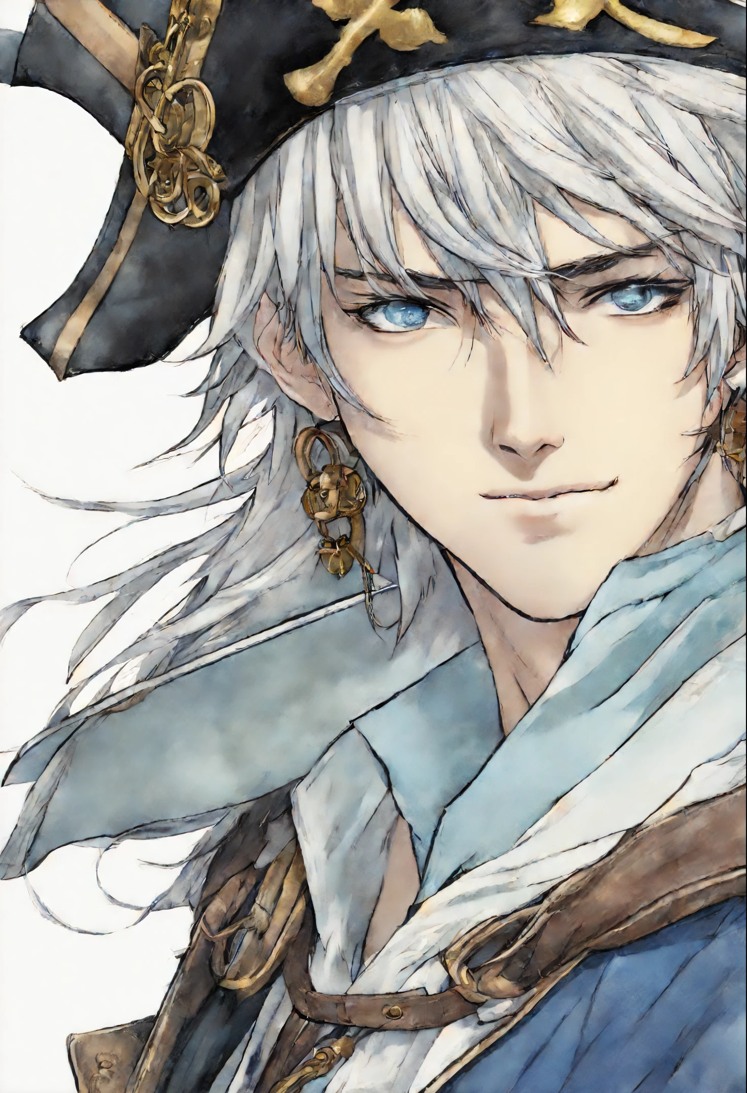 anatomically correctly drawn body,  ,Anime character, style anime "frozen", Anime characterrozen ", Anime Character Face Type " frozen", style anime, Close-up of a person (a pirate) , King of a pirates, Masamune shiro, a pirate captain, key anime art, shigenori soejima illustration, based on Freezing, fantasy seinen manga, Freezing: First Chronicle (Freezing　ファーストクロニクル), Freezing Pair Love Stories, Kwang-Hyun Kim, Okumura Masanobu, detailed key anime art, Masamune, shirow Masamune, a Swashbuckler-class pirate, a pirate, Portrait of a pirate