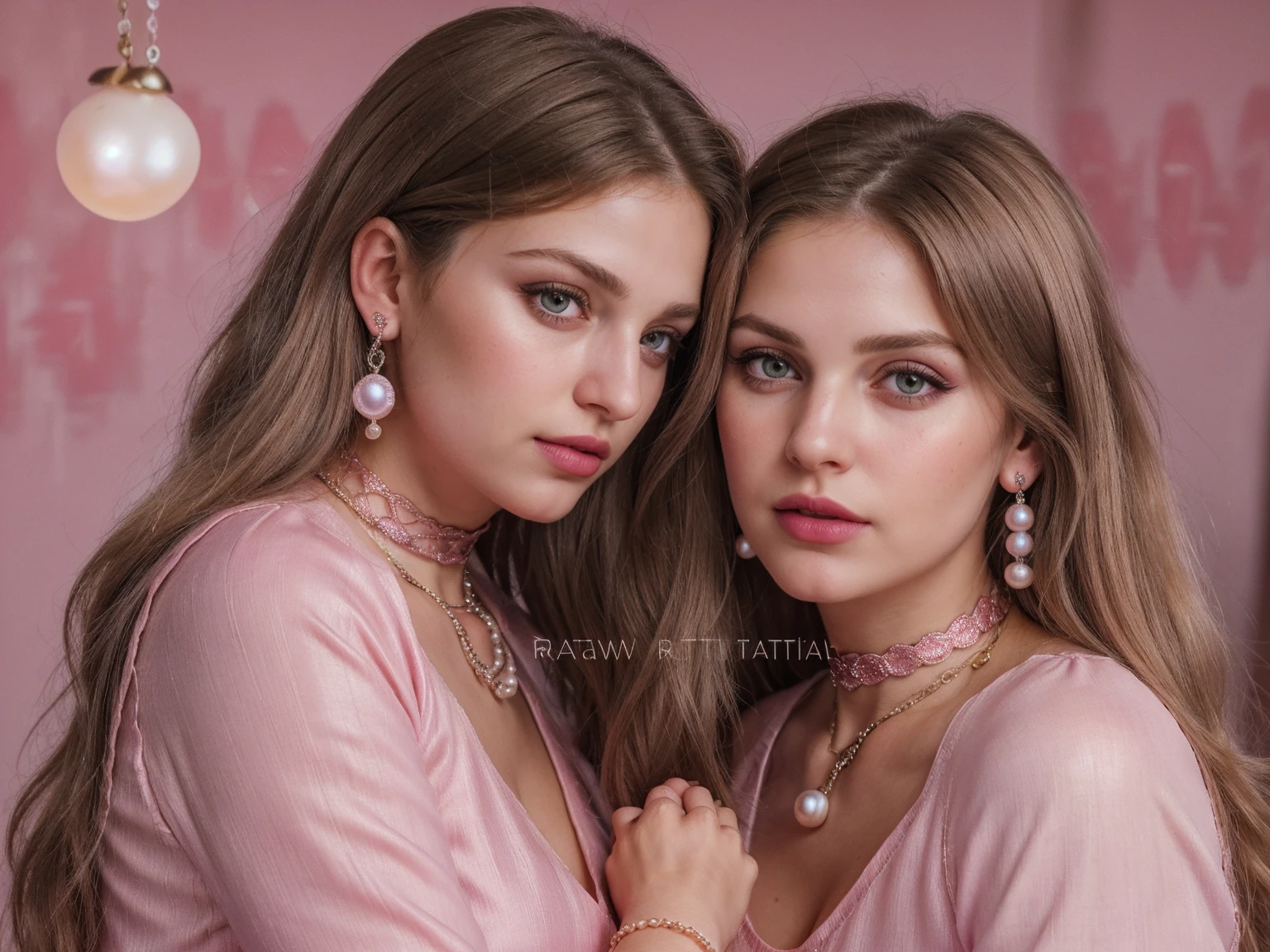 (Blond brown hair), (RAW photo, realism: 1.8), (very dark pink lip gloss), (dark jet pink lipstick), (many eyelashes), (eye shadow), (too much shy), (too much blushing), (high quality), (high resolution), (depth of field), (chromatic aberration), (caustic), (wide light), (pearl pink colors), (22 year old woman), (innocent face), (cute face), (chicks) (necklaces), ((nose pin)), (chokers), (earring), (bracelets), (wear many accessories), (very soft pearl pink fair large breasts), very good clothing), (style A good woman), (pink silk salvar kameez), (dupatta), (beautiful pearl pink fair skin), (beautiful legs), (lots of exposure), (very  line), (figure that looks delicious), (long and brod lips), (2girls, kiss, eye contact, holding hands:1.2)