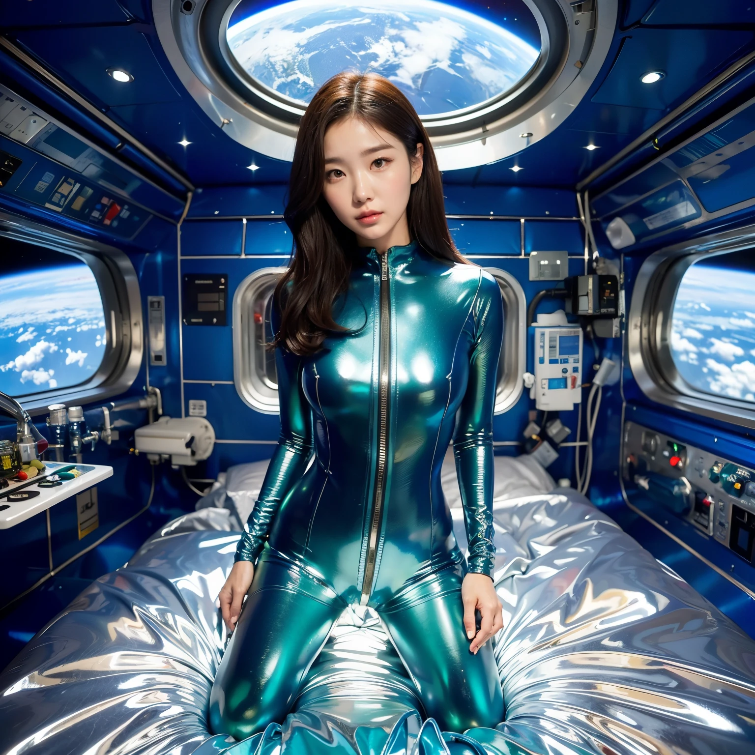 An arafe woman in a shiny blue suit sitting on the bed, futuristic glossy latex suit, beautiful woman in space suit, girl in space, In outer space, iu lee ji-eun as a super villain, Wearing a small spacesuit, metallic cyan bodysuit, tight light blue neopren suits, Space Girl, in space suit, Silver spacesuit