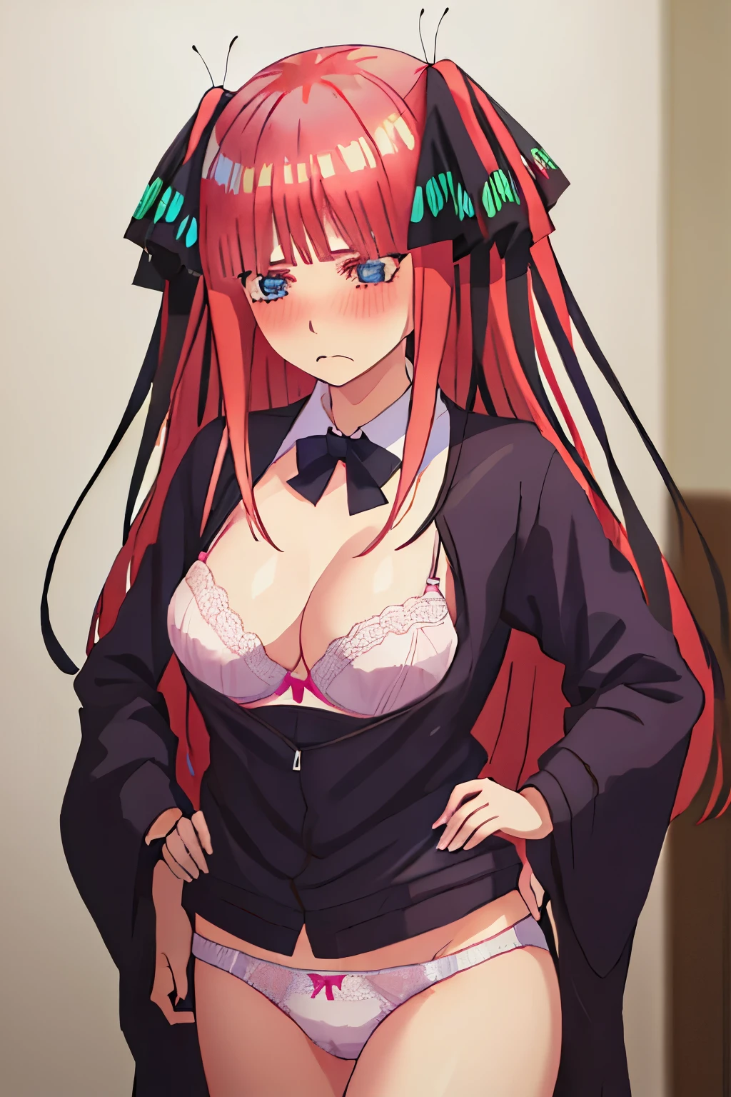 best quality, masterpiece, highres, solo, {nakano_nino_gotoubunnohanayome:1.15}, bangs, pink_hair, blunt_bangs, hair_ornament, butterfly_hair_ornament, ribbon, black_ribbon, blue_eyes, blush, hair_ribbon, twintails, long_hair, 1girl, frown, underwear, bra, panties, medium breasts