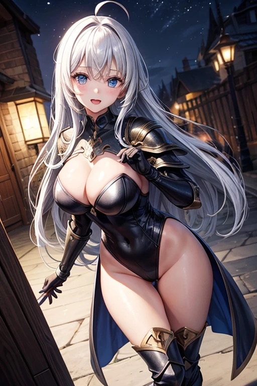 Woman knight、a beauty girl、huge tit、Excellent style、Nice Buddy、glamorous、Black leotard、s Armor、Bra chest armor、knee boots、gauntlets、greave、hair adornments、silber hair、Longhaire、Ahoge、Medieval city、is standing、full body seen、outside of house、Night view、a smile、slightly open mouth、Hands behind your back、１Person-person perspective、front facing、Looking at the camera