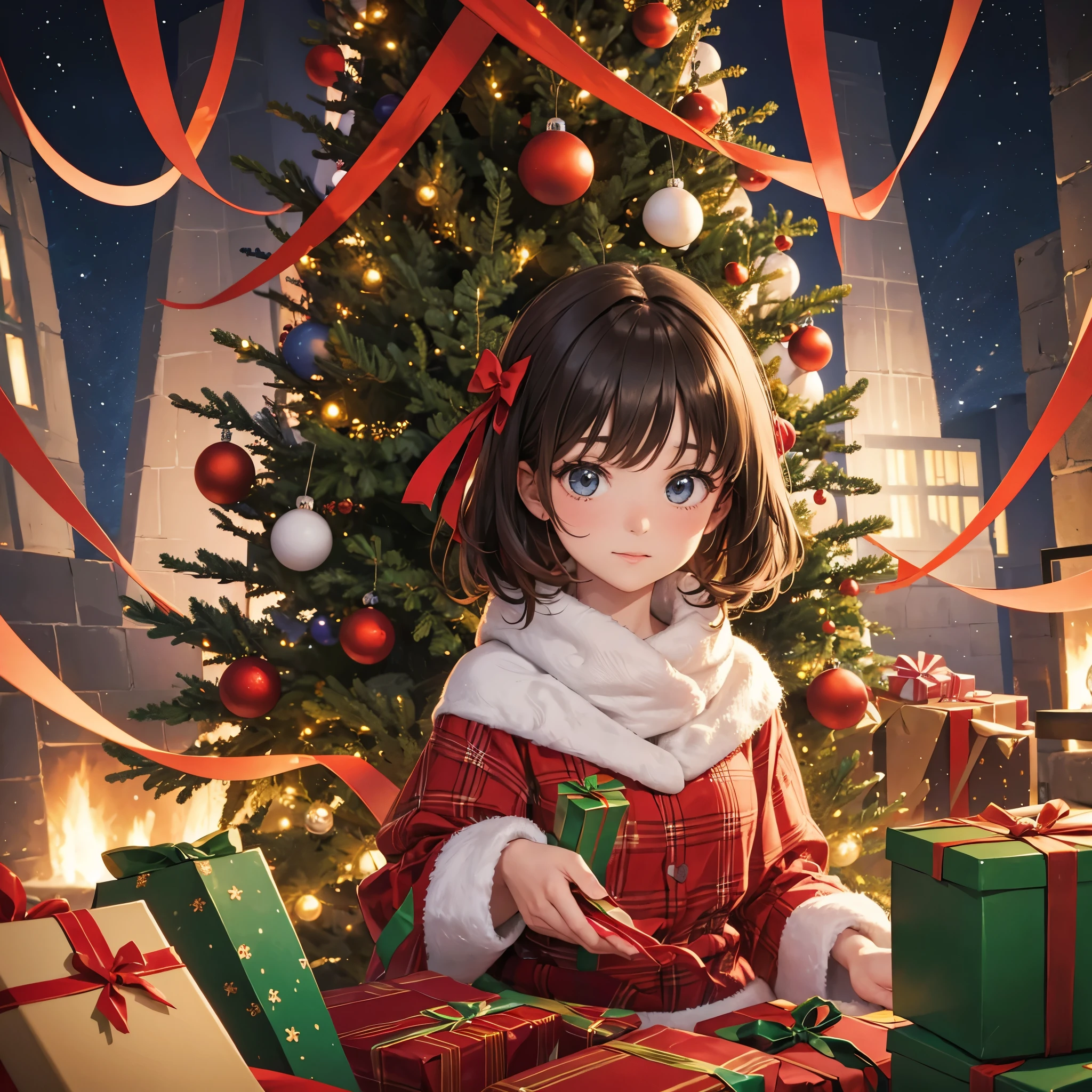 Girl wrapped in Christmas gift paper, Ribbon, Gifts, Christmas trees