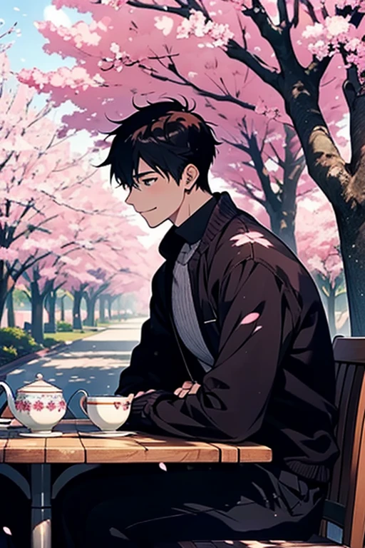 Unparalleled beauty,face perfect、Perfect Eye Makoto Shinkai、 (2man),Gay Male Relationships, 20 years old male,Sakura blizzard、A path lined with flourishing cherry blossom trees, There are also table seats where you can have a tea party.., two men are drinking tea. ,Smiling,looking at another,Scenery