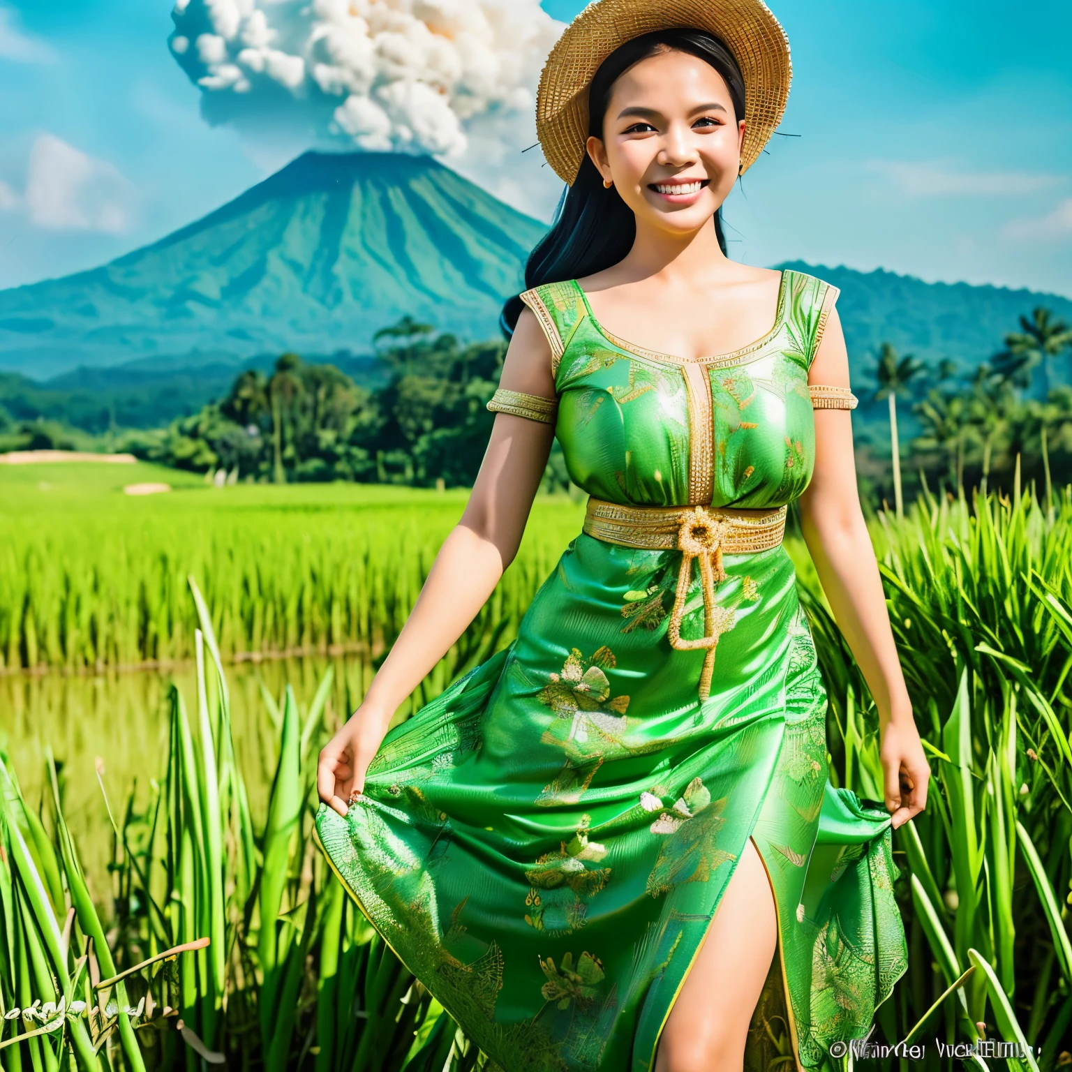 A Gorgeous black haired female Indonesian West Javanese Rice Farmer wears light green kebaya dress with a happy face and light laugh, nurturing her just about to crop rice at her vast rice field with beautiful volcano in background, bamboo hut and bamboo woods, an epic masterpiece hyper realistic digital art of Frank Bellamy, professional color grading by Kenneth Hines Jr. , 80's European Color Comic Style
