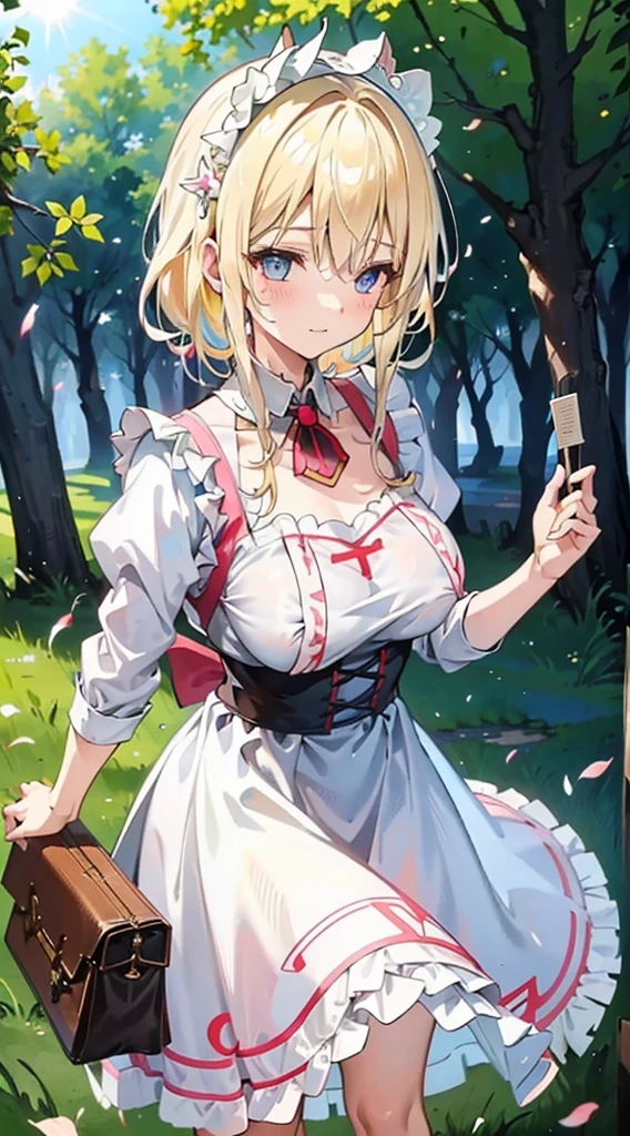 anime styled, High definition illustration, Perfect drawing, Draw anatomically correctly, alice in the wonderland, In the forest where the bright sun shines, A beautiful blonde girl trying to take off the dress she was wearing, ((seminude:1.5)), A short, light blue dress with a simple design and frills., Layering a white apron,She is trying to take off her dress and apron by holding them together in her hands., He is looking at me with an amused expression as if he is expecting something.,The girl's apron and skirt are about to come off, so her genitals, breasts, and nipples may be visible., Red headband