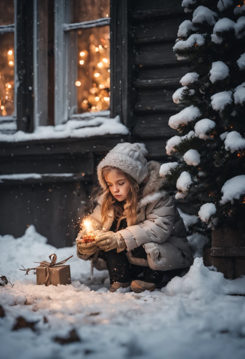 Frail little pale girl squatting on the street corner to keep warm with a lit match，tattered thin clotheteriors，Heavy snowy weather，On the street，There is a house next to the girl，Girl looking through the window at Christmas gifts and Christmas dinner inside the house