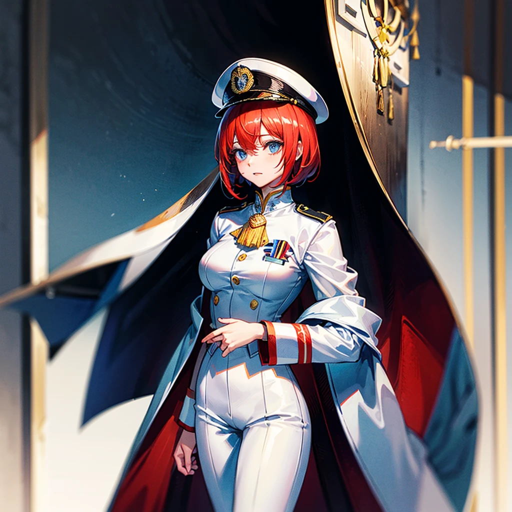 (((masterpiece)))、(((Top image quality)))、(((top-quality)))、(((highly detailed unity 8kwall-paper)))、(Illustration of one woman)、30-years old、(Viceroy)、((Red-haired shorthair))、(Thin hair hanging down both sides of the face)、Blue eyes、((Tall))、((Muscle Woman、stocky build、muscular legs、broad shoulders、solid chest))、((Military uniforms))、((Military Cap))、((Military coat))、(white clothes)、(White pants)、(White cap)、trench coat、((Inside the spaceship))