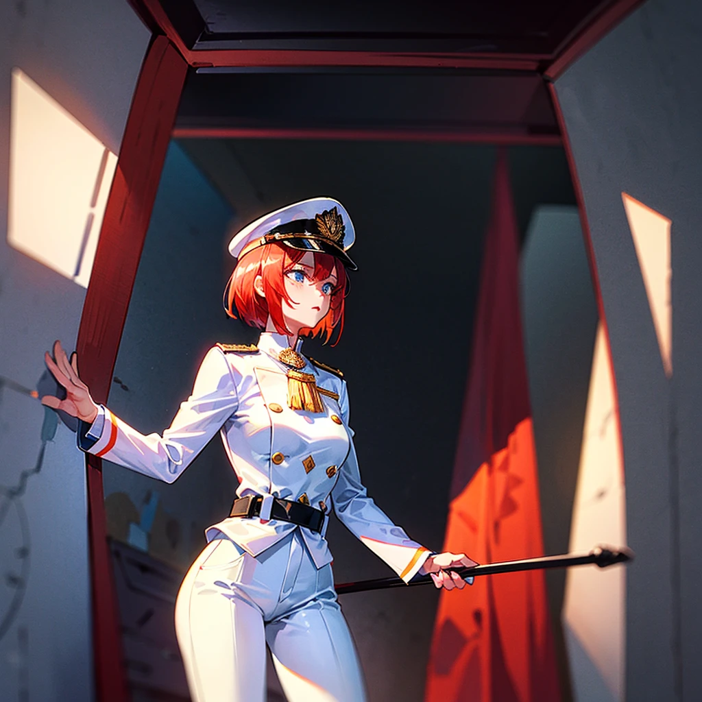 (((masterpiece)))、(((Top image quality)))、(((top-quality)))、(((highly detailed unity 8kwall-paper)))、(Illustration of one woman)、30-years old、(Viceroy)、((Red-haired shorthair))、(Thin hair hanging down both sides of the face)、Blue eyes、((Tall))、((Muscle Woman、stocky build、muscular legs、broad shoulders、solid chest))、((Military uniforms))、((Military Cap))、((Military coat))、(white clothes)、(White pants)、(White cap)、trench coat、((Inside the spaceship))