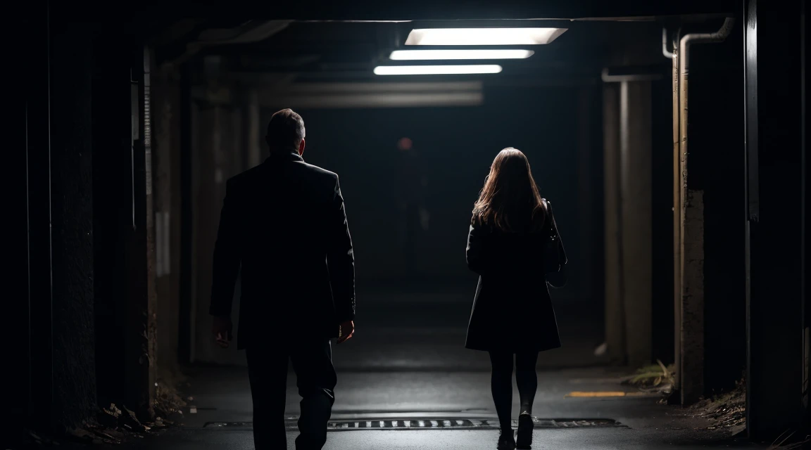 A creepy man walking behind a lady with good distance between them in an underground parking lot