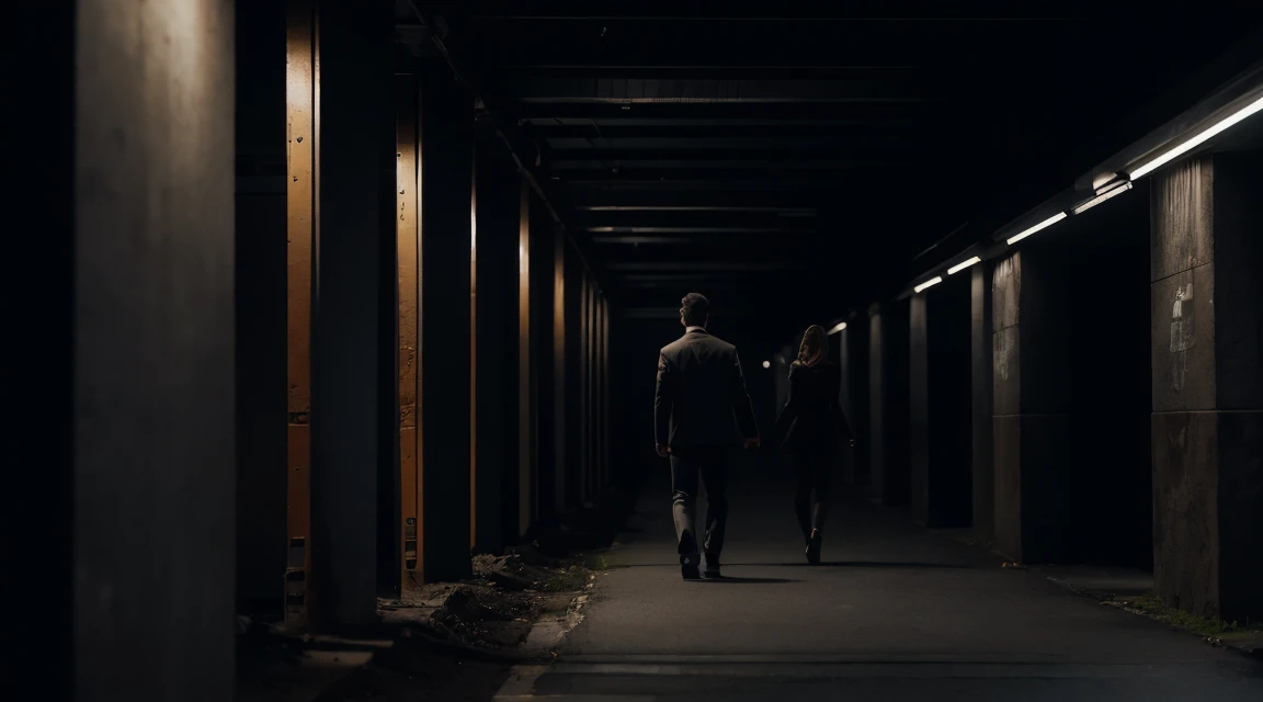 A creepy man walking behind a lady with good distance between them in an underground parking lot
