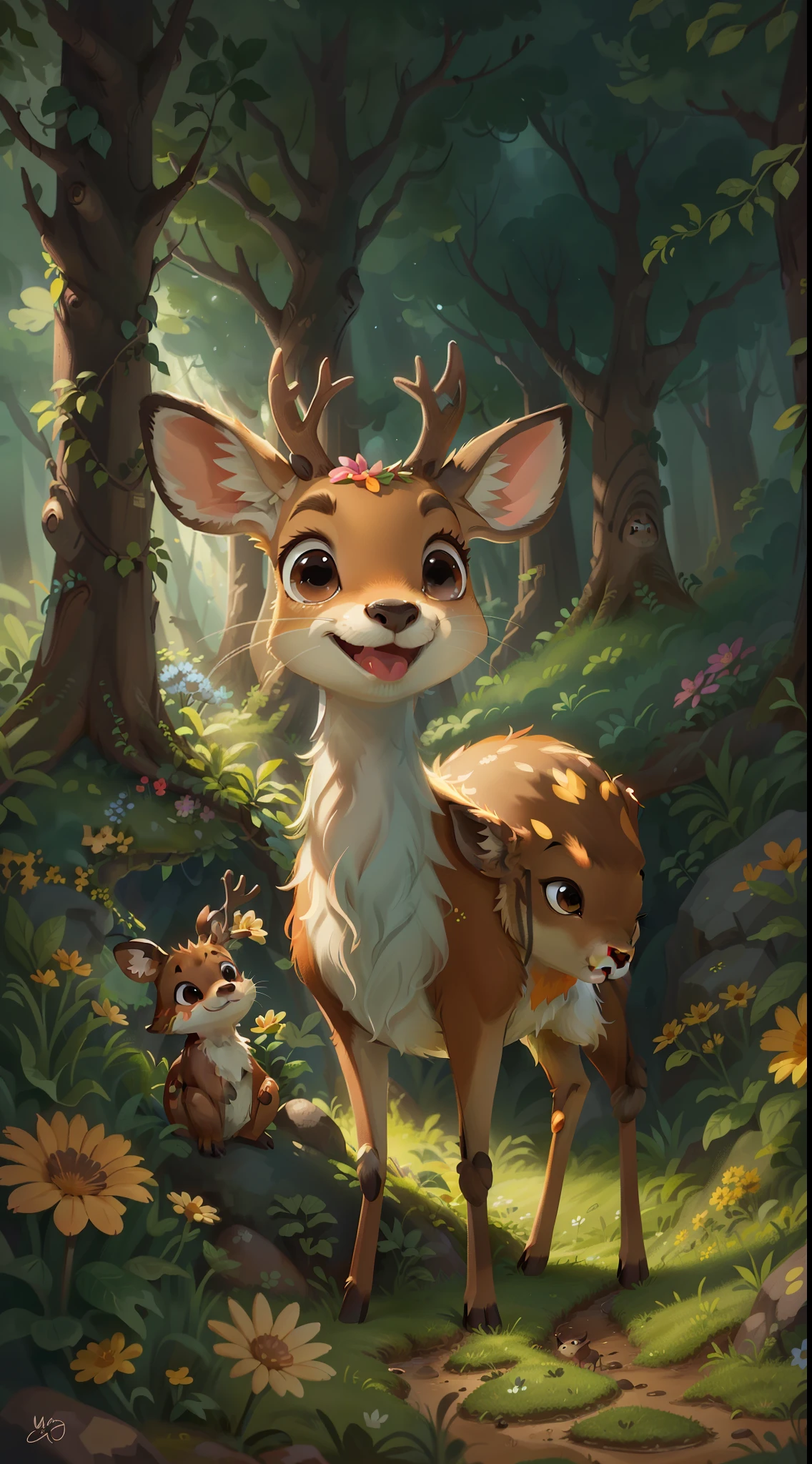 A cute sika deer,Play in the forest,up front view, closeup cleavage, Pixar cinematic style, Best quality at best, cinematic Film still from, extremely cute, largeeyes, eyes with brightness, birds and flowers around, flowers outside the cave, with her mouth open, Happy,