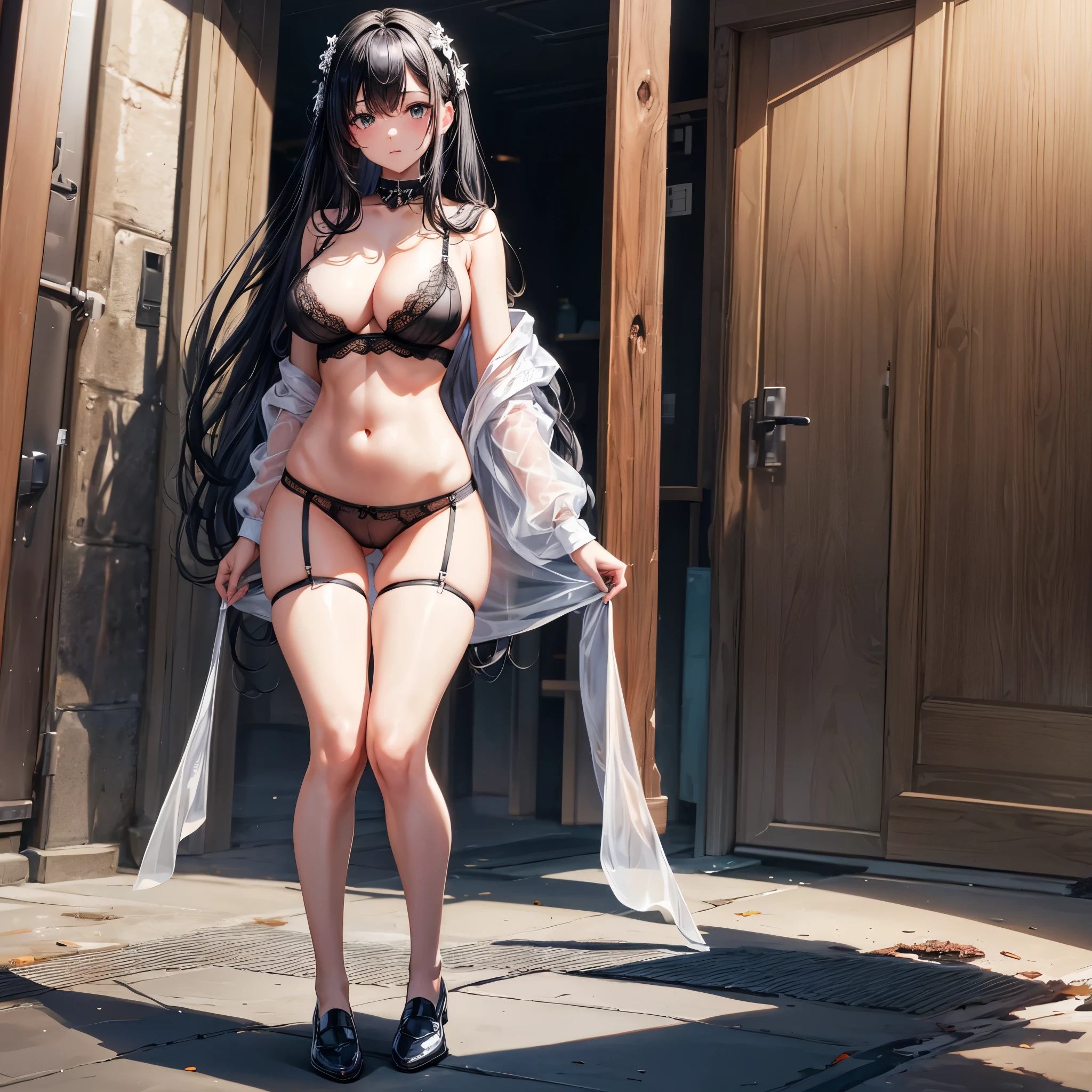 8K Ultra Clear,A high resolution,best quality,Best character structure,A cute girl,with black curled hair,wearing an sexy underwear,Transparent lace lingerie,Loafer shoes,half squatting,showing waist,exposing your navel,exposed device,with faintly visible,器with faintly visible。