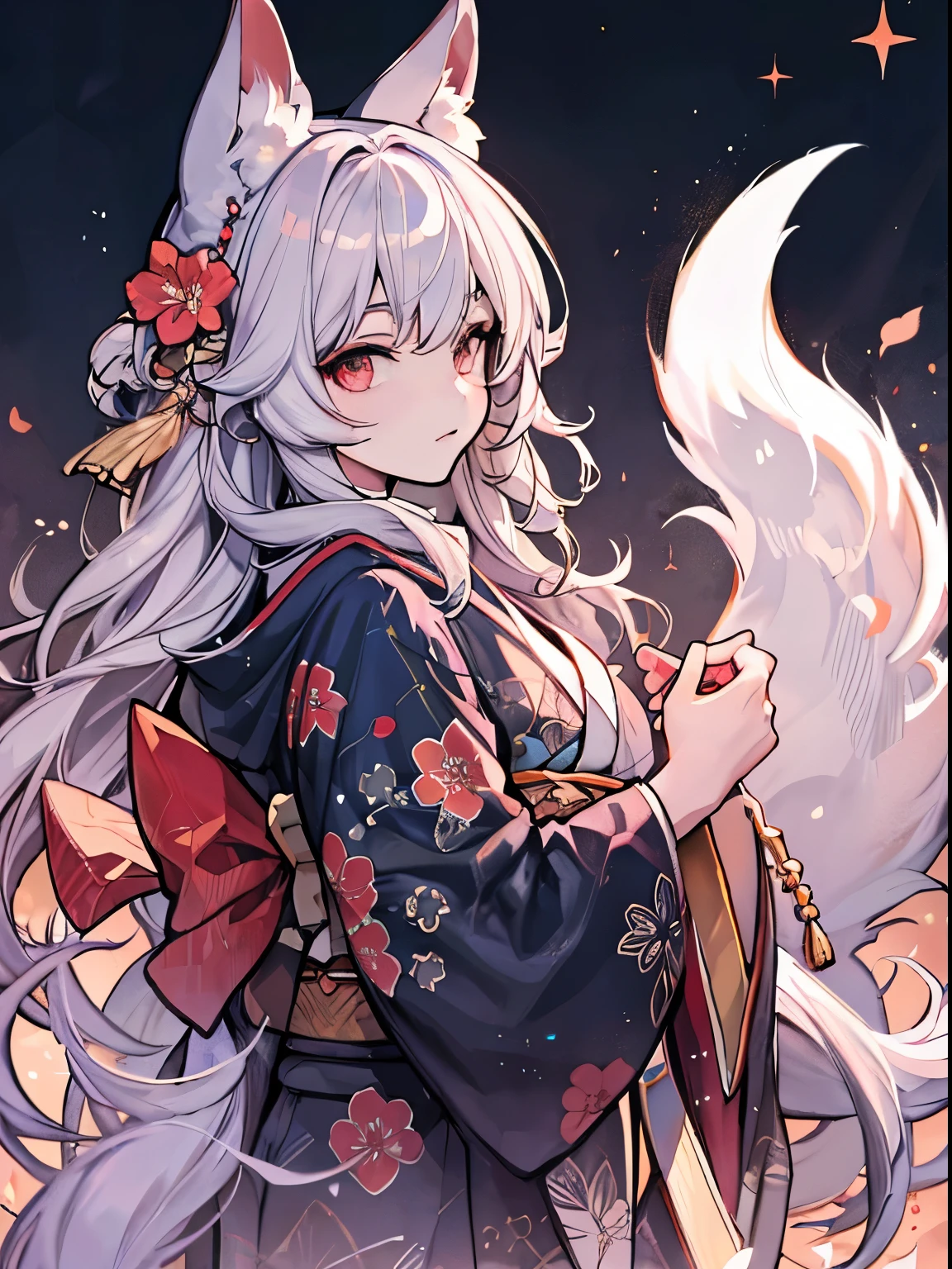 best qualtiy， 超A high resolution， （realisticlying：1.4）， white fox, the Nine-Tailed Fox, Beautiful fece, Woman in Kimono, red, golden colored, black, Sparkle,