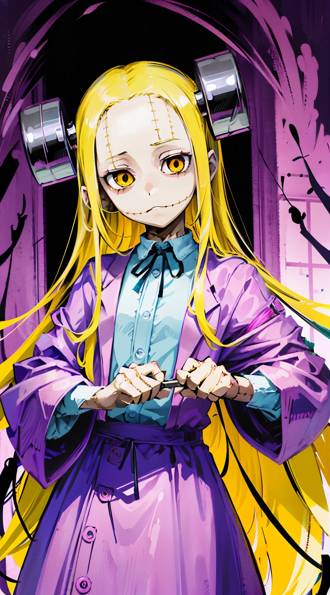 Madaraki_Fran,A  girl ,stands,awkward,the madhatter ,surgeon ,wrinkles,concerned,((grabs his head)), hairlong , yellow hair,seams , Scars on the body , A creepy look , scary eyes , An intimidating look , creepy smile , bags under eyes, ((((Tired))))