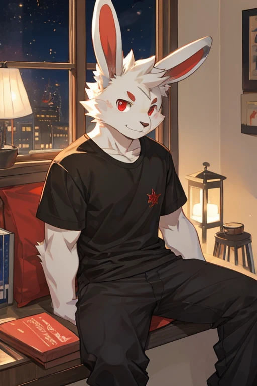 edgBunny,black T-shirt,indoor,night,sit,pants, male, anthro, furry,by milkytiger1145,White fur,Red pick dye,red eyes,adolable