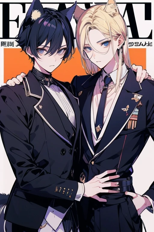 Unparalleled beauty,face perfect、The background is a photogenic landscape、Magazine covers、(2man,Gay Male Relationships),Perfect Eye、Blue Eye、 By Shinkai Makoto、Animal ears、Animal tail、a blonde and a black hair、gradation hair、ファッションmodeled、Suits、actor、actor、modeled、brand costumes、ファッションMagazine covers、Provoking poses、Idle Unit、well-muscled、Full of confidence、 、,