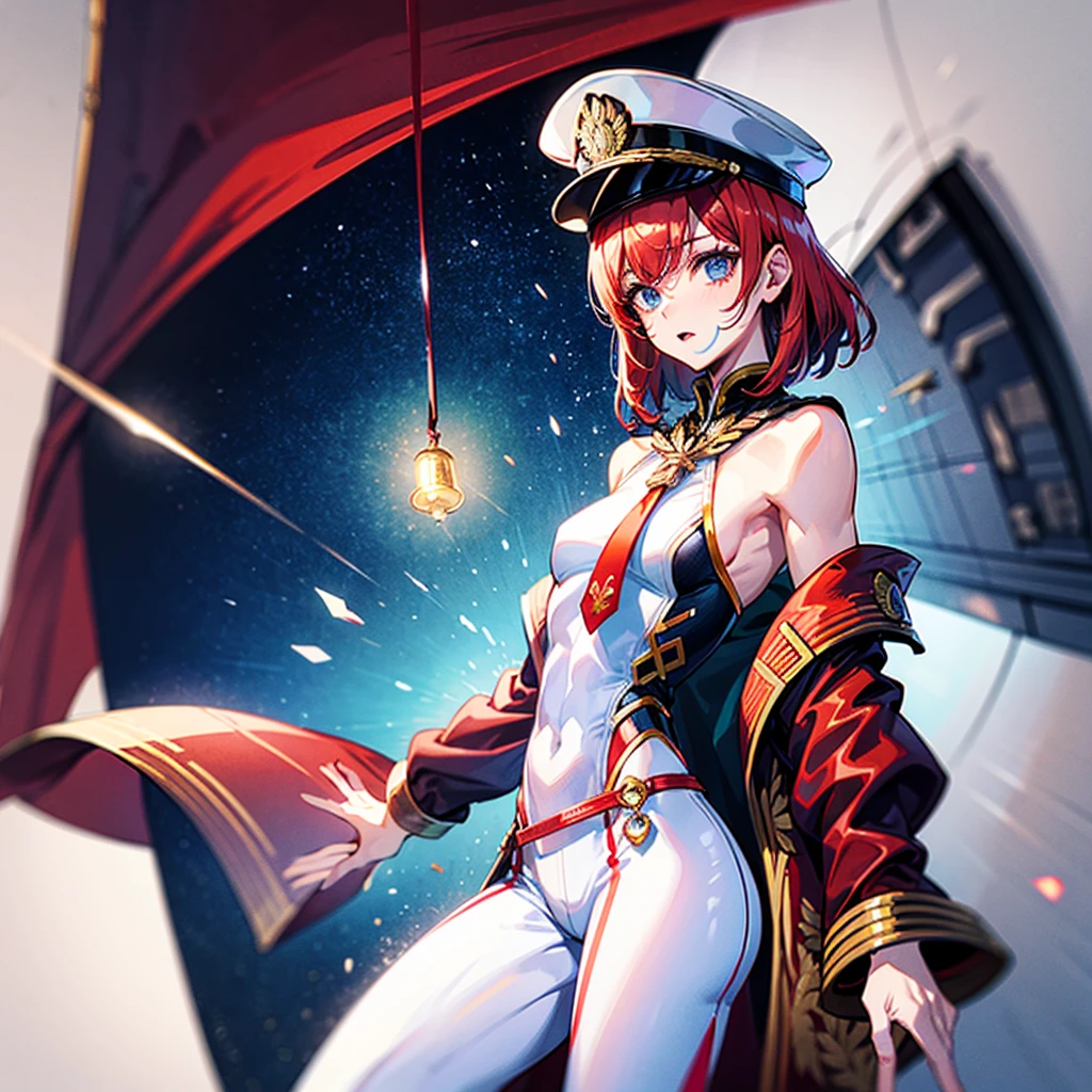 (((masterpiece)))、(((Top image quality)))、(((top-quality)))、(((highly detailed unity 8kwall-paper)))、(Illustration of one woman)、30-years old、(Viceroy)、((Red-haired shorthair))、(Thin hair hanging down both sides of the face)、Blue eyes、((Tall))、((Muscle Woman、stocky build、muscular legs、broad shoulders、solid chest))、((Military uniforms))、((Military Cap))、((Military coat))、(white clothes)、(White pants)、(White cap)、trench coat、((Inside the spaceship))