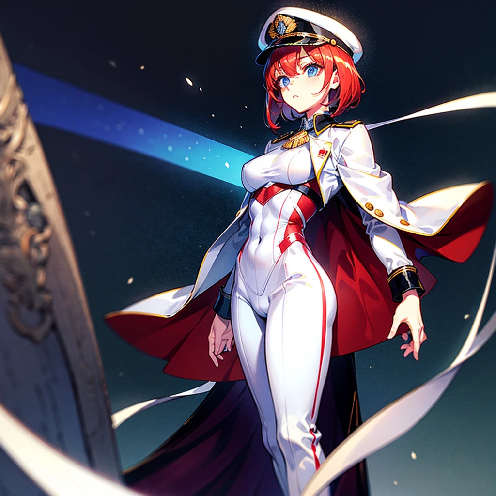 （（（​masterpiece）））、（（（Top image quality）））、（（（top-quality）））、（（（highly detailed unity 8ｋwall-paper）））、（Illustration of one woman）、30-years old、（Viceroy）、（（Red-haired shorthair））、（Thin hair hanging down both sides of the face）、Blue eyes、（（Tall））、（（Muscle Woman、stocky build、muscular legs、broad shoulders、solid chest））、（（Military uniforms））、（（Military Cap））、（（Military coat））、（white  clothes）、（White pants）、（White cap）、trench coat、（（Inside the spaceship））