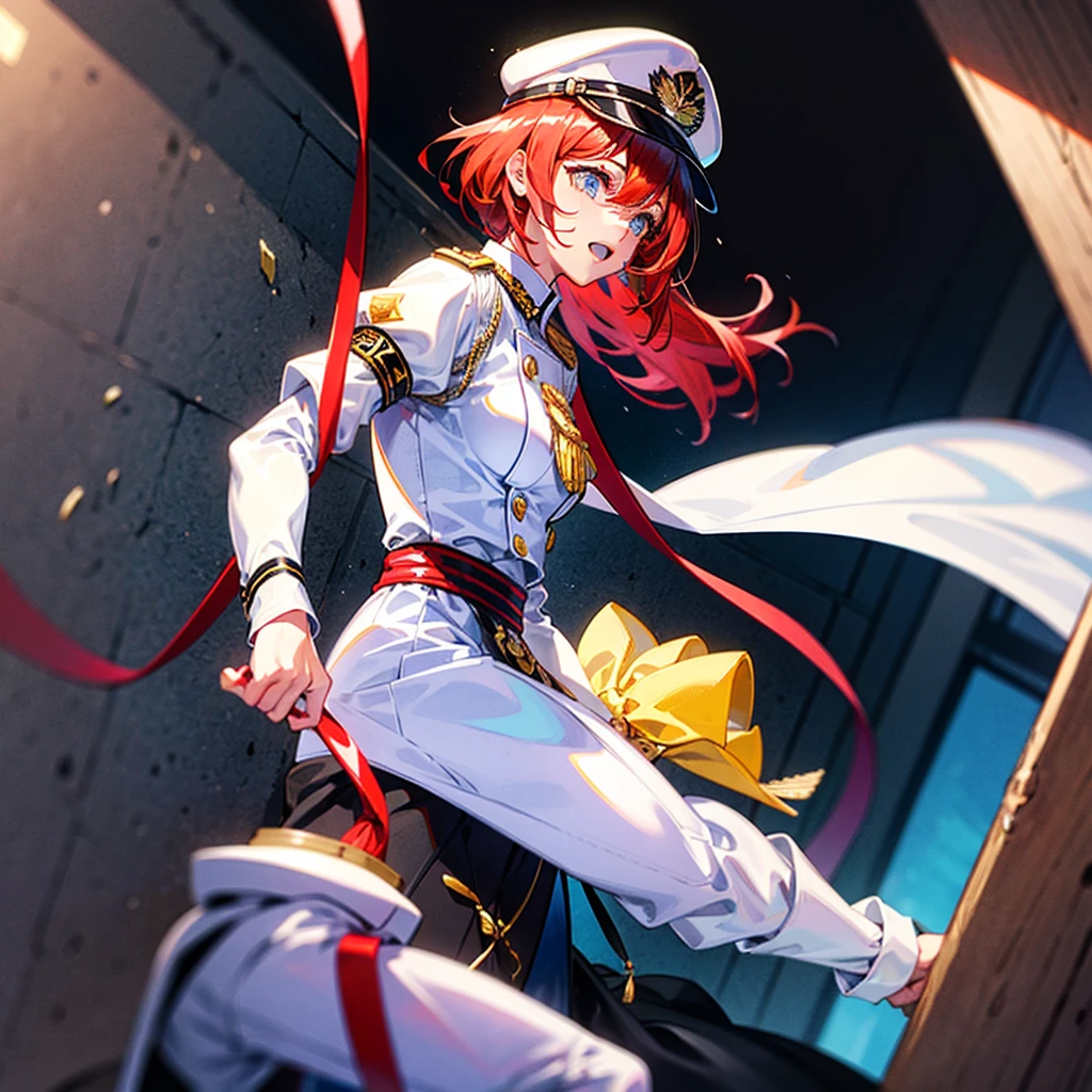 masutepiece、Best Quality、masutepiece、high detailing、Detailed face、Detailed eyes、rendered eyes、Perfect eyes、hip lines、Ambient Occlusion、crisp image、Detailed、amazing、8K、8K Wallpaper、8k background、High detailed skin、High resolution、1girl in、Solo、Sletta Mail、((Asticasia White School Uniform))、((redhair、Ahoge、blue eyess))、(In the colony)、