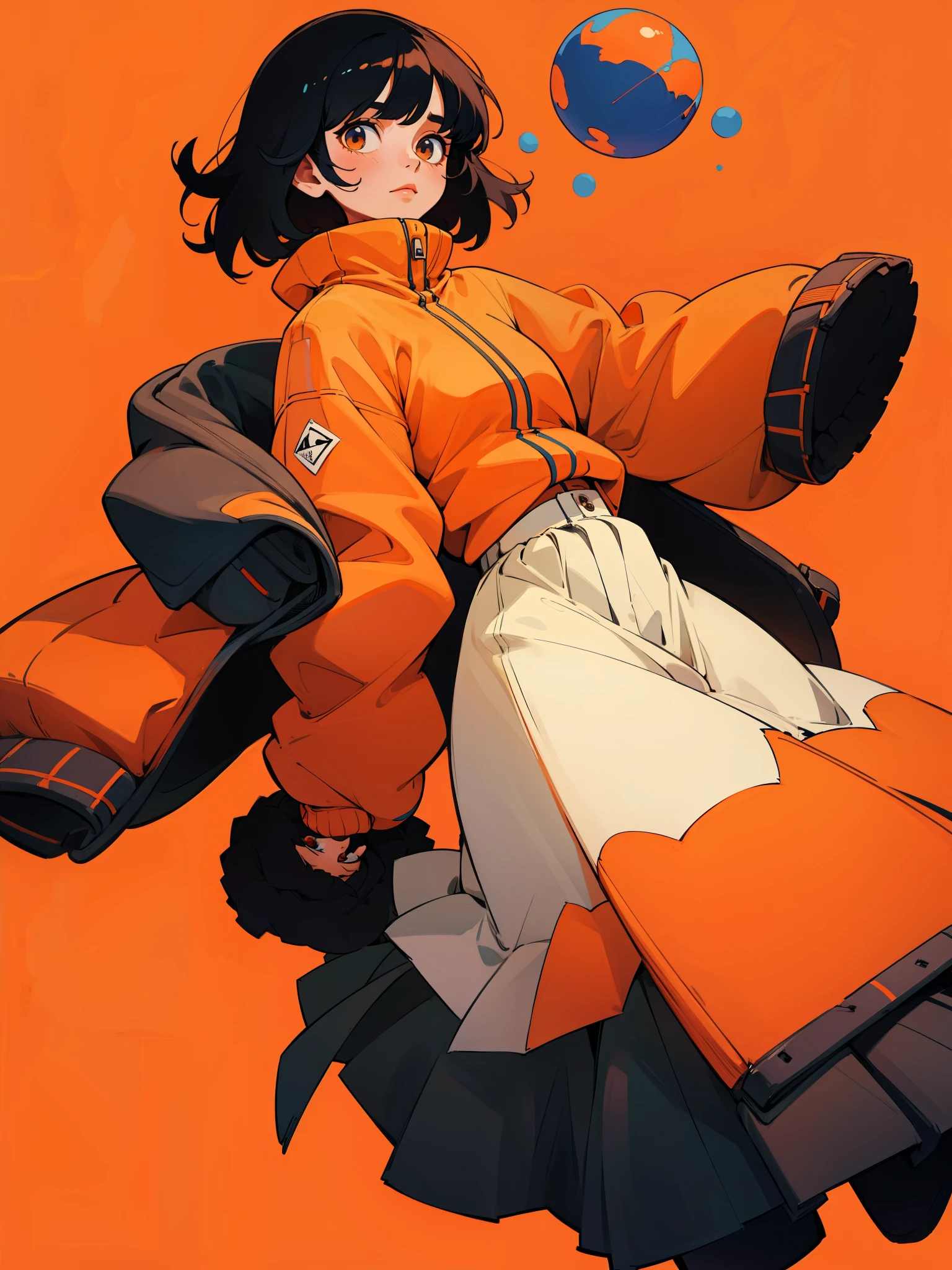 Woman with short black hair、knit down jacket、long skirt、Background solid orange、Solid background color