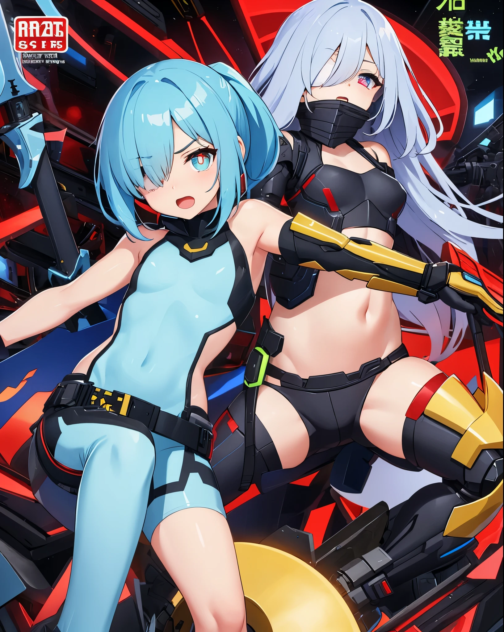Japanese_anime_style,1small_figure_girl,(:1.5), (short_ponytail:1.3), (light_blue_hair:1.3),black_mechanical_armor_parts,white_breasts_parts_red_black_body_suit,bare_shoulder,bare_slender_thighs,medium_breasts,on_the_desk, desk_background,Stinging_eyes,(half_pupil:1.5),sleepy,thighhigh_greaves,gauntlets,dynamic_posing,bare_frank,metal_red_parts_armor,red_eye,
fists,1glowing_sword,hold_sword_hilt,glare,navel,large_mechanical_parts,happy,waist_armor,open_mouth,rise_legs,apart_legs, (covered_navel:1.3),(very_long_bangs:1.3), (hair_over_one_eye:1.5),(long_bang_covers_right_half_of_face:1.5),
(covered_pussy:1.1),covered_breasts