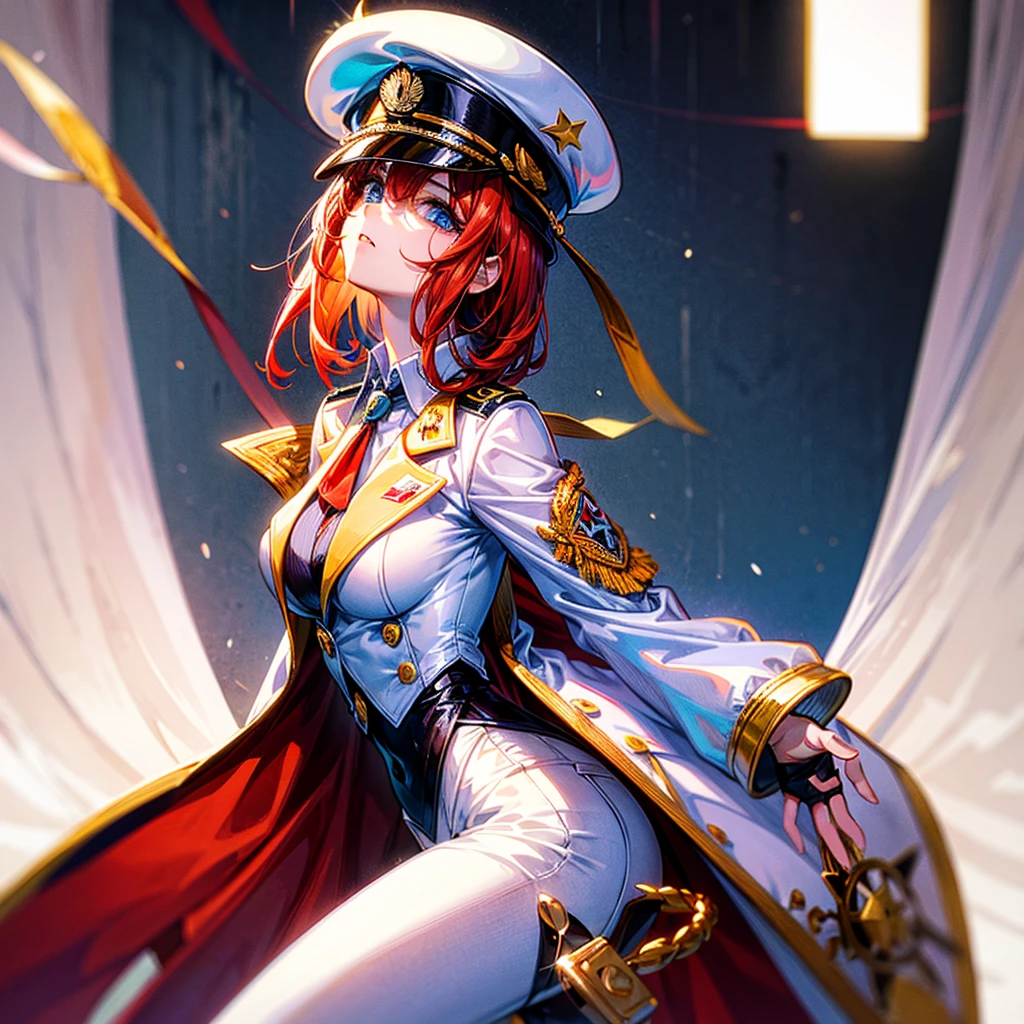 (((masterpiece)))、(((Top image quality)))、(((top-quality)))、(((highly detailed unity 8kwall-paper)))、(Illustration of one woman)、30-years old、(Viceroy)、((Red-haired shorthair))、(Thin hair hanging down both sides of the face)、Blue eyes、((Tall))、((Muscle Woman、stocky build、muscular legs、broad shoulders、solid chest))、((Military uniforms))、((Military Cap))、((Military coat))、(white clothes)、(White pants)、(White cap)、trench coat、((Inside the spaceship))