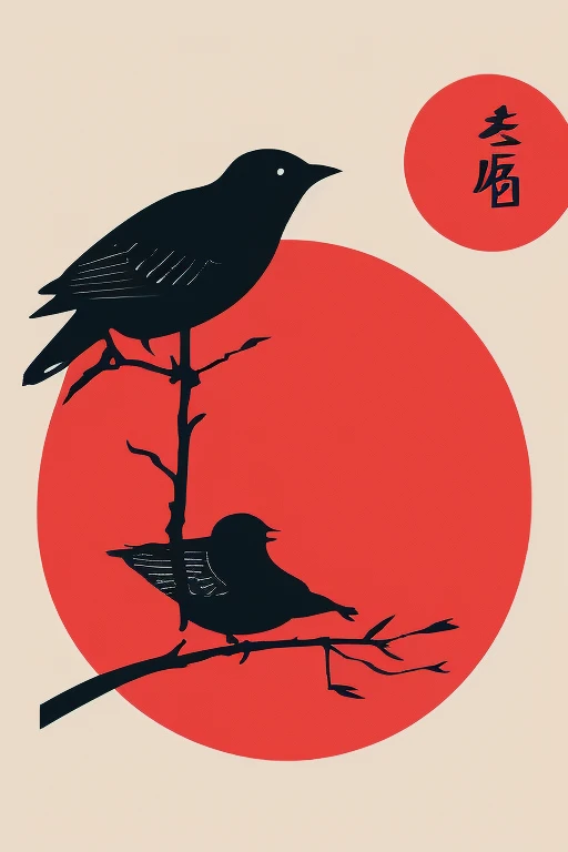arafed bird sitting on a branch with a red circle, bird nightingale as subject, artistic drawing of a crow, an illustration, ethereal cardinal bird, detailed crow illustration, red bird, inspired by Kōno Michisei, logo without text, inspired by Sōtarō Yasui, illustrated logo, vignette illustration