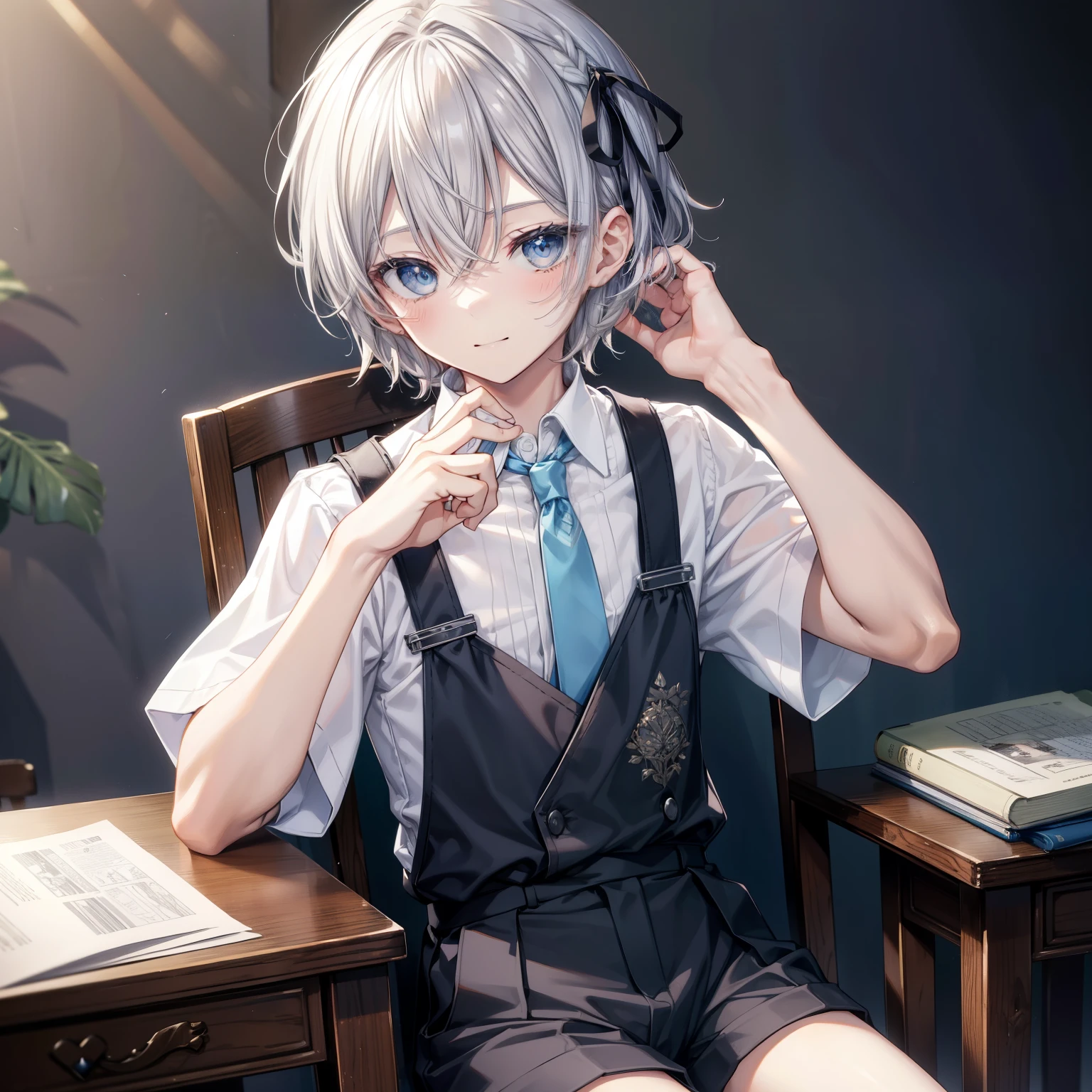 Best Quality、masutepiece、Extremely detailed、Ultra-detailed、Best Illustration、Extremely delicate、face perfect、smiling age boy,Light gray hair,Medium Hair、bright light blue eyes,Noble attire、Short sleeve shirt with white collar、black shorts with no suspenders、 Ribbon tie,sit on a chair in front of the camera,The boy touches his hair with one hand...