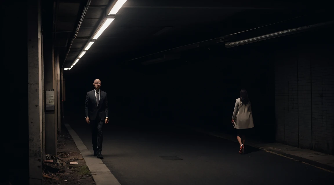 A creepy man walking behind a lady with good distance between them in an underground parking lot