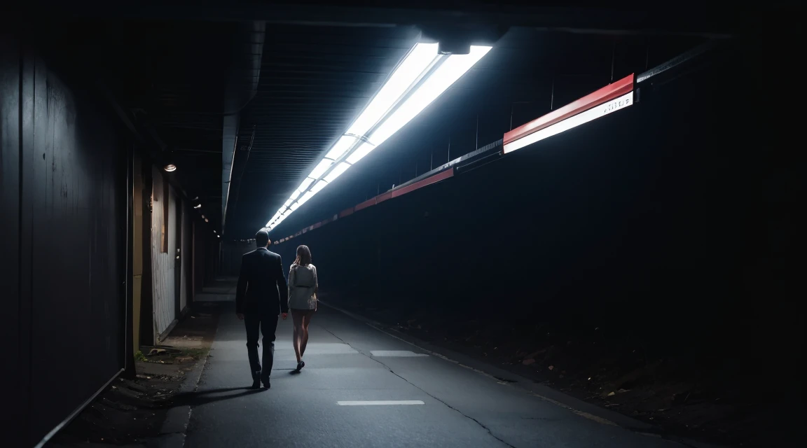 A creepy man walking behind a lady with good distance between them in an underground parking lot