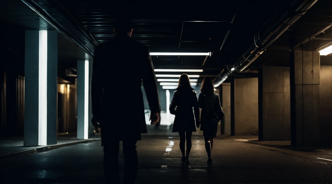 A creepy man walking behind a lady with good distance between them in an underground parking lot