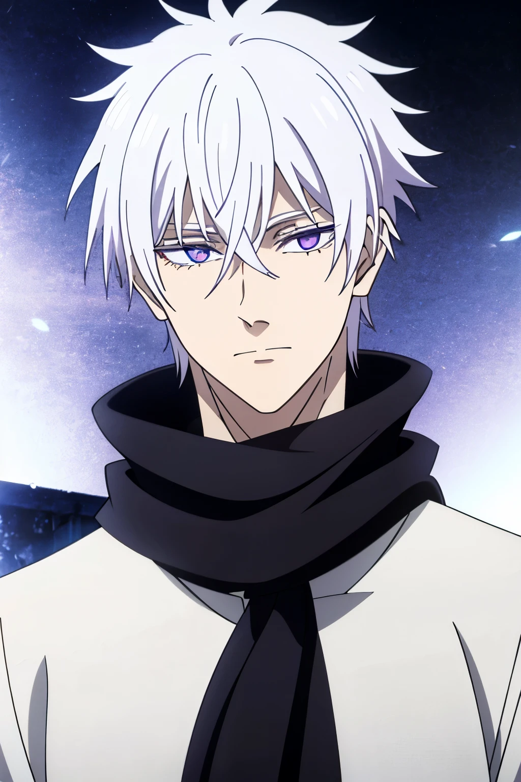 1boy, white hair, violet eyes, short haircut, messy bangs, mullet, wolfcut, black scarf, white shirt, skinny, pale skin, long eyelashes, white eyelashes