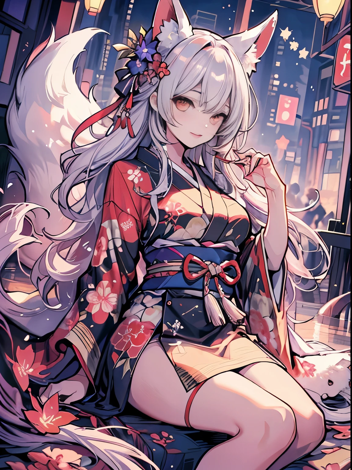 best qualtiy, 超A high resolution, (realisticlying:1.4), white fox, the Nine-Tailed Fox, Beautiful fece, Woman in Kimono, red, golden colored, black, Sparkle,
