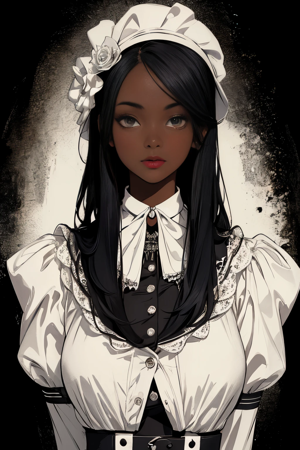 A girl, 1girl, dark skin, full body, vintage horror, 1940s, gothic, vintage, royal clothing, anime style, (clear background:1.0)
