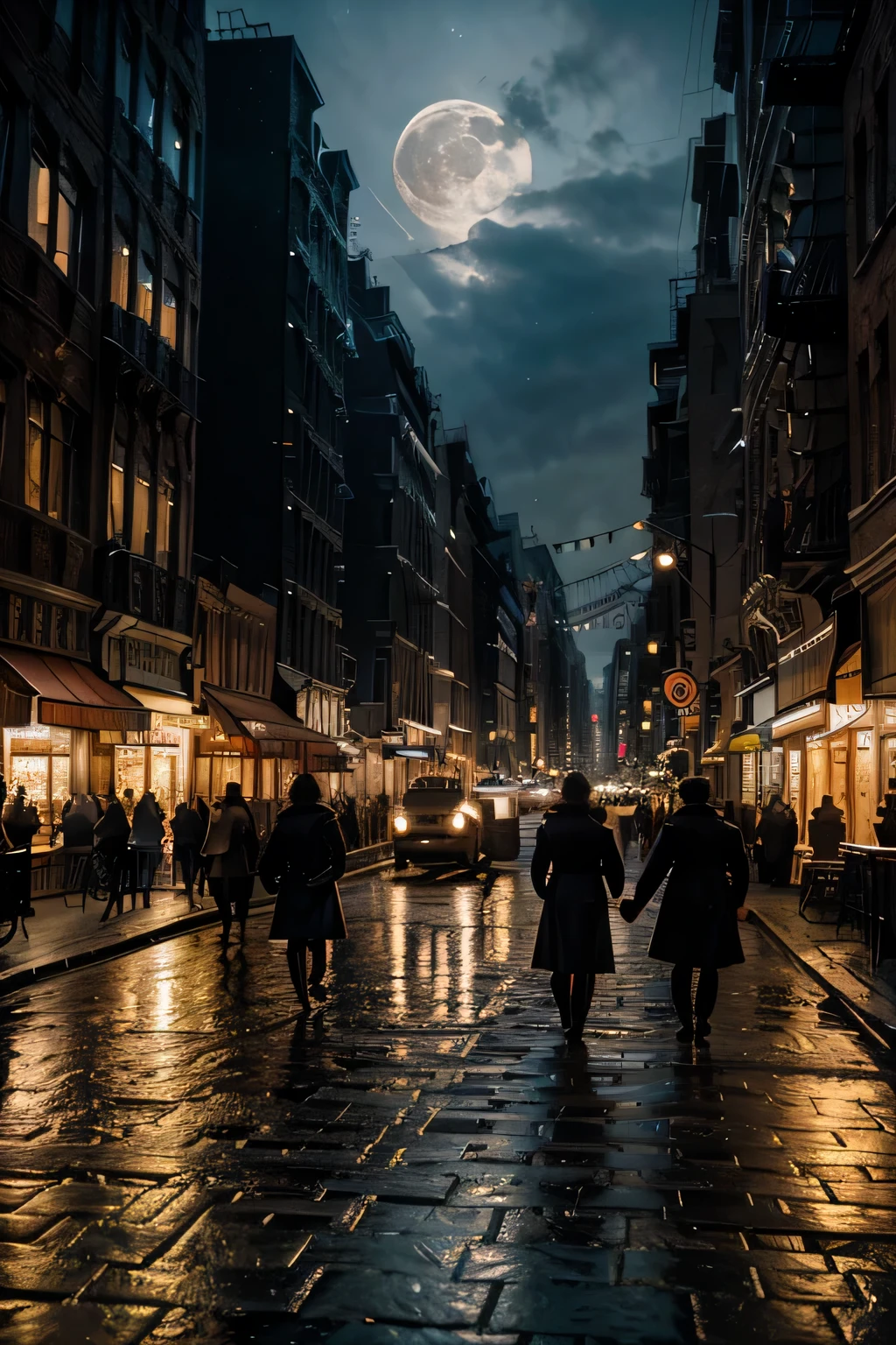 (best quality,4k,highres:1.2),ultra-detailed,realistic:1.37,photorealistic:1.37,night scene:1.1,1890s,New York City,gas lights,full moon,street,atmospheric lighting,vintage,urban,cityscape,carriages,cobblestone road,historical buildings,moonlit sky,shadows,detailed architectural elements,twinkling stars,romantic ambiance,people walking,period costumes,reflections on wet pavement,bustling crowd,smoke,soft glowing lights,vibrant colors,quiet and serene atmosphere
