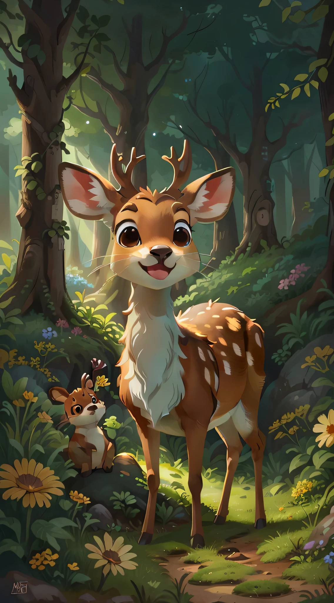 A cute sika deer,Play in the forest,up front view, Close-up cleavage, Pixar cinematic style, Best quality, cinematic Film still from, extreamly cute, largeeyes, Eyes are bright, Birds and flowers around, Flowers bloom outside the cave, with her mouth open, Happy,