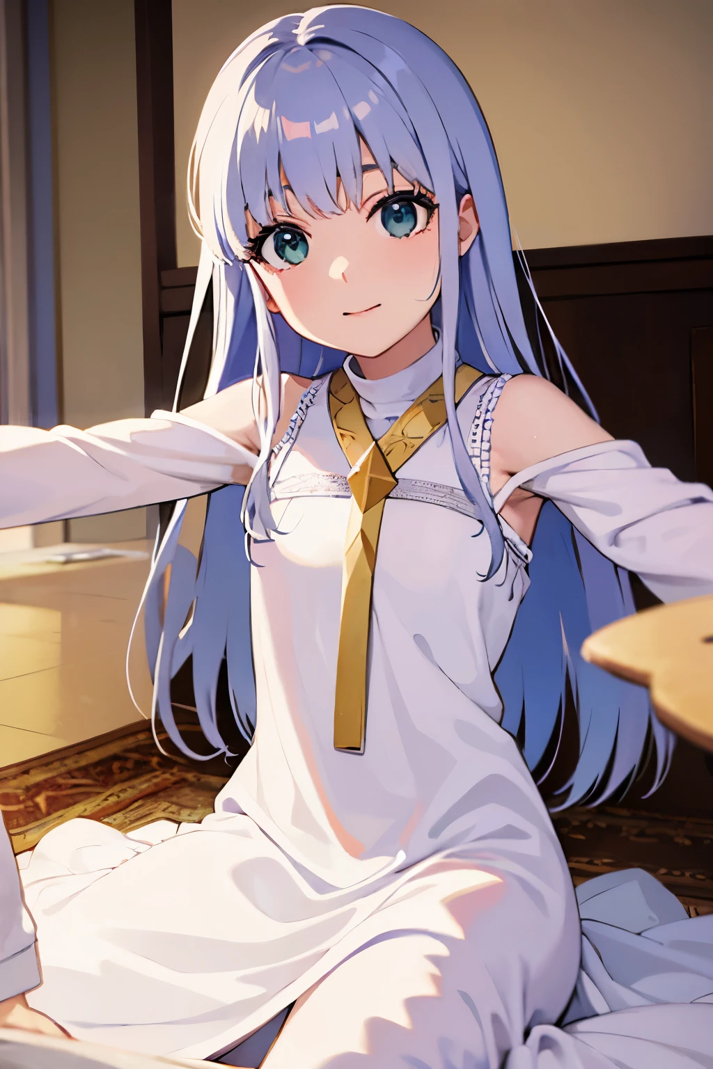 Long silver hair, green eyes, small, headband, nun clothes, white clothes, tail, smile, happy, beautiful thighs, inside house