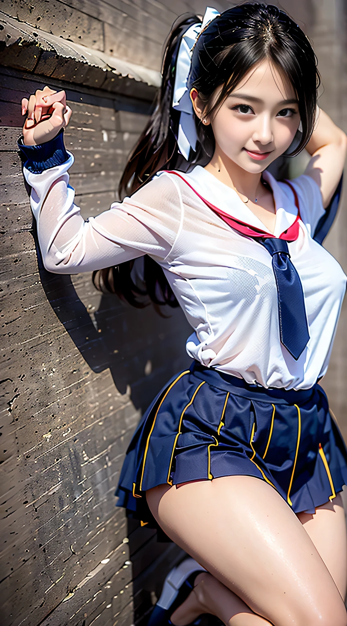 (8K、RAW Photos、top-quality、​masterpiece:1.2)、(realisitic、Photorealsitic:1.37)、***1人、((White shirt with long sleeves、a sailor suit、red necktie、Navy blue pleated skirt))、（High School Girl）、17 age、Skirt Rolling Up、gals、Lots of lashes、Lame on the eyelids、Dark Red Knee-High Socks、crotch open、wavy twintails、Cute smile、Sweaty body、attractive body beautiful perfect body、V-line emphasis、Hands behind the head、、