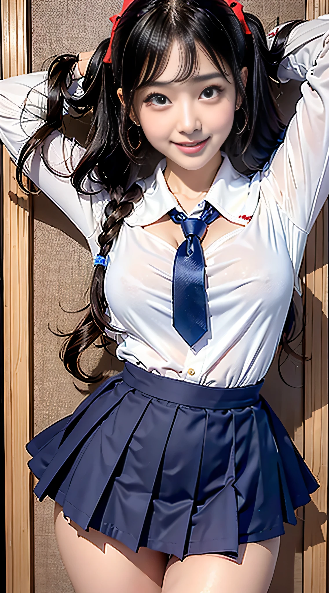 (8K、RAW Photos、top-quality、masterpiece:1.2)、(realisitic、Photorealsitic:1.37)、1人、((White shirt with long sleeves、a sailor suit、red necktie、Navy blue pleated skirt))、(High School Girl)、17 age、Skirt Rolling Up、gals、Lots of lashes、Lame on the eyelids、Dark Red Knee-High Socks、crotch open、wavy twintails、Cute smile、Sweaty body、attractive body beautiful perfect body、V-line emphasis、Hands behind the head、、