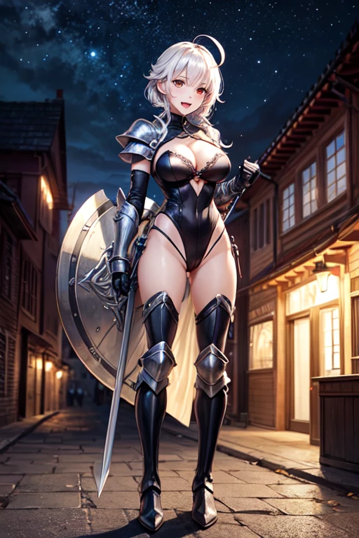 Woman knight、a beauty girl、huge tit、Excellent style、Nice Buddy、glamorous、Black leotard、s Armor、Bra chest armor、knee boots、gauntlets、greave、hair adornments、silber hair、Longhaire、Ahoge、Medieval city、is standing、full body seen、outside of house、Night view、a smile、slightly open mouth、Hands behind your back、１Person-person perspective、front facing、Looking at the camera, holding a shield, helmet, spear